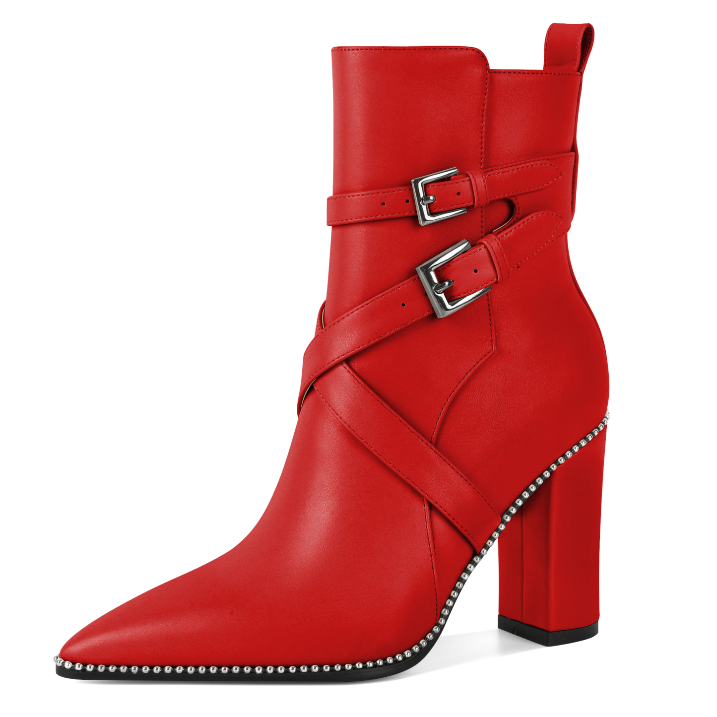 Red fashion ankle boots with block heel and metallic bead decor