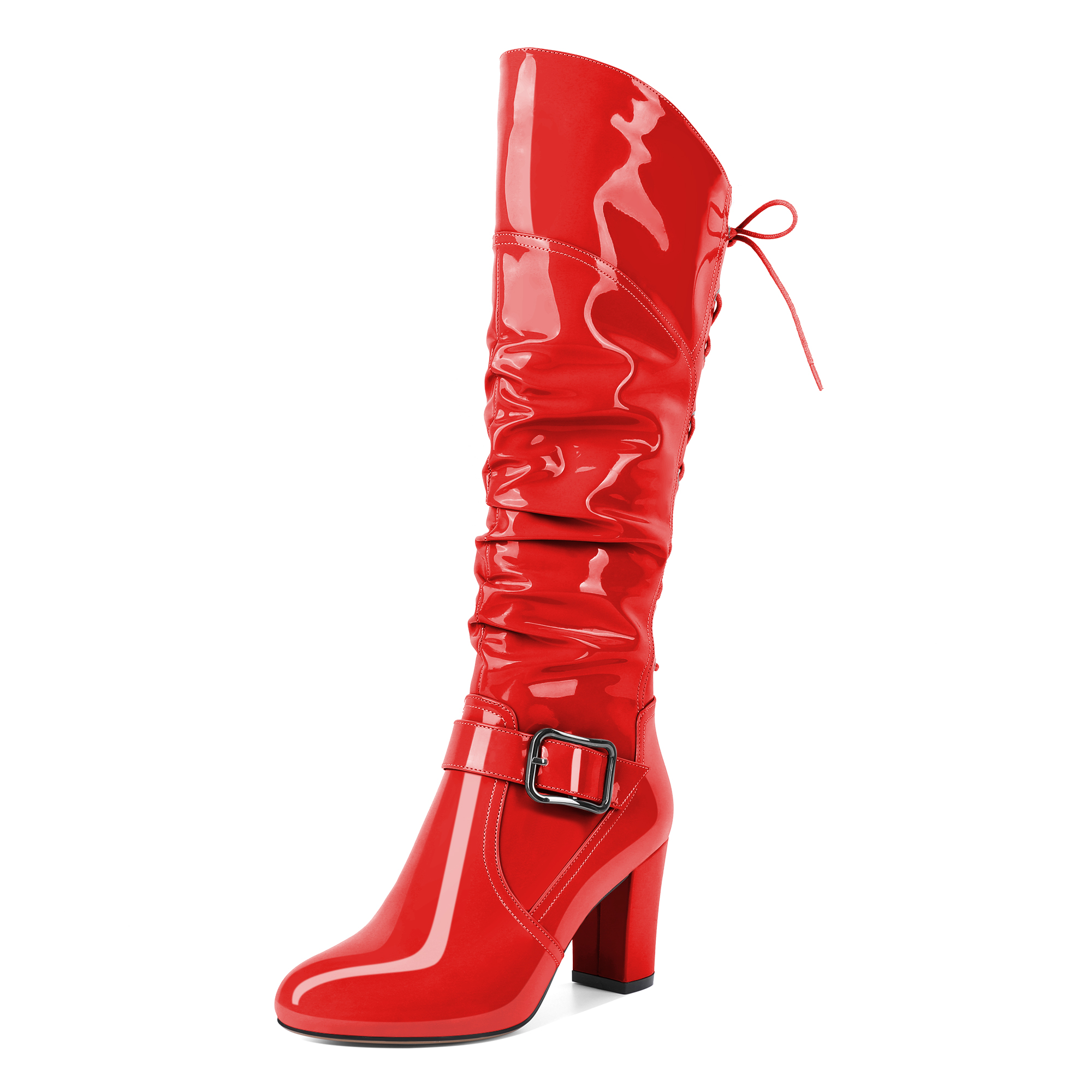 Red glossy knee boots for women with round toe and lace-up style
