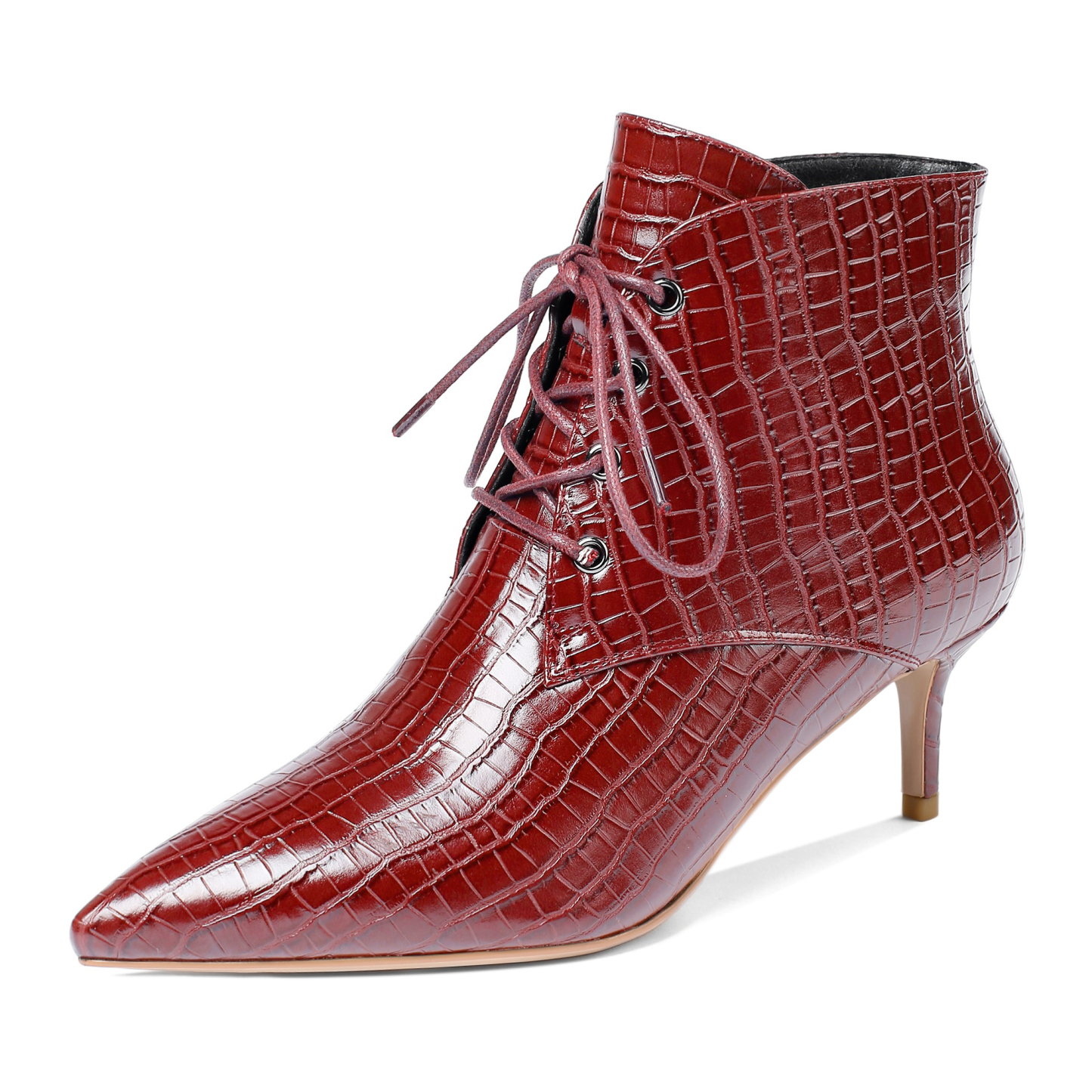 Red croc-textured ankle boots with lace-up closure – SAMMITOP
