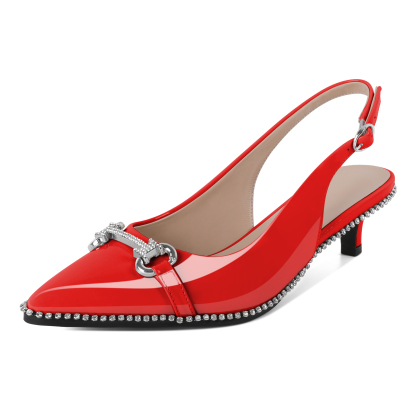 Women's red slingback heels with 1.5-inch kitten heel and rhinestone embellishments