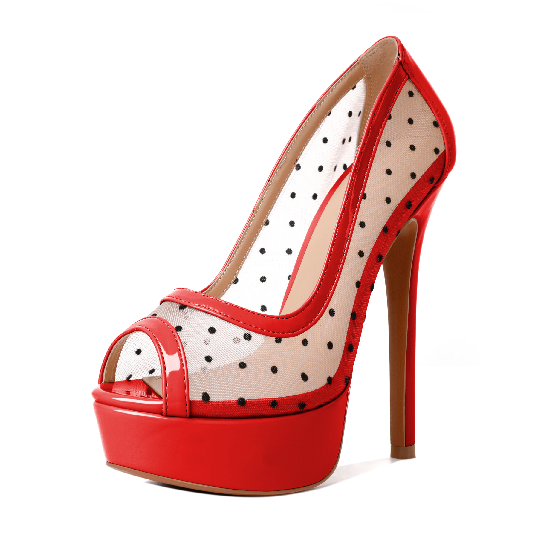 Red 5.5-inch stiletto mesh polka dot platform pumps – SAMMITOP