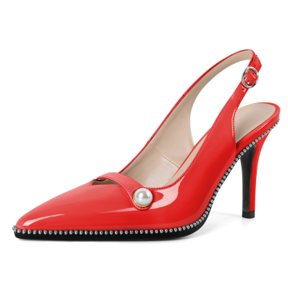 SAMMITOP red stiletto slingback heels with pearl embellishment