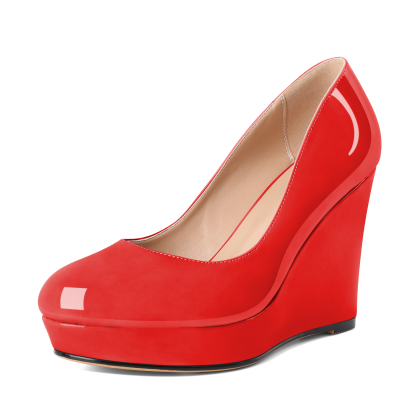 Red 4-inch wedge pumps for women with classic round toe