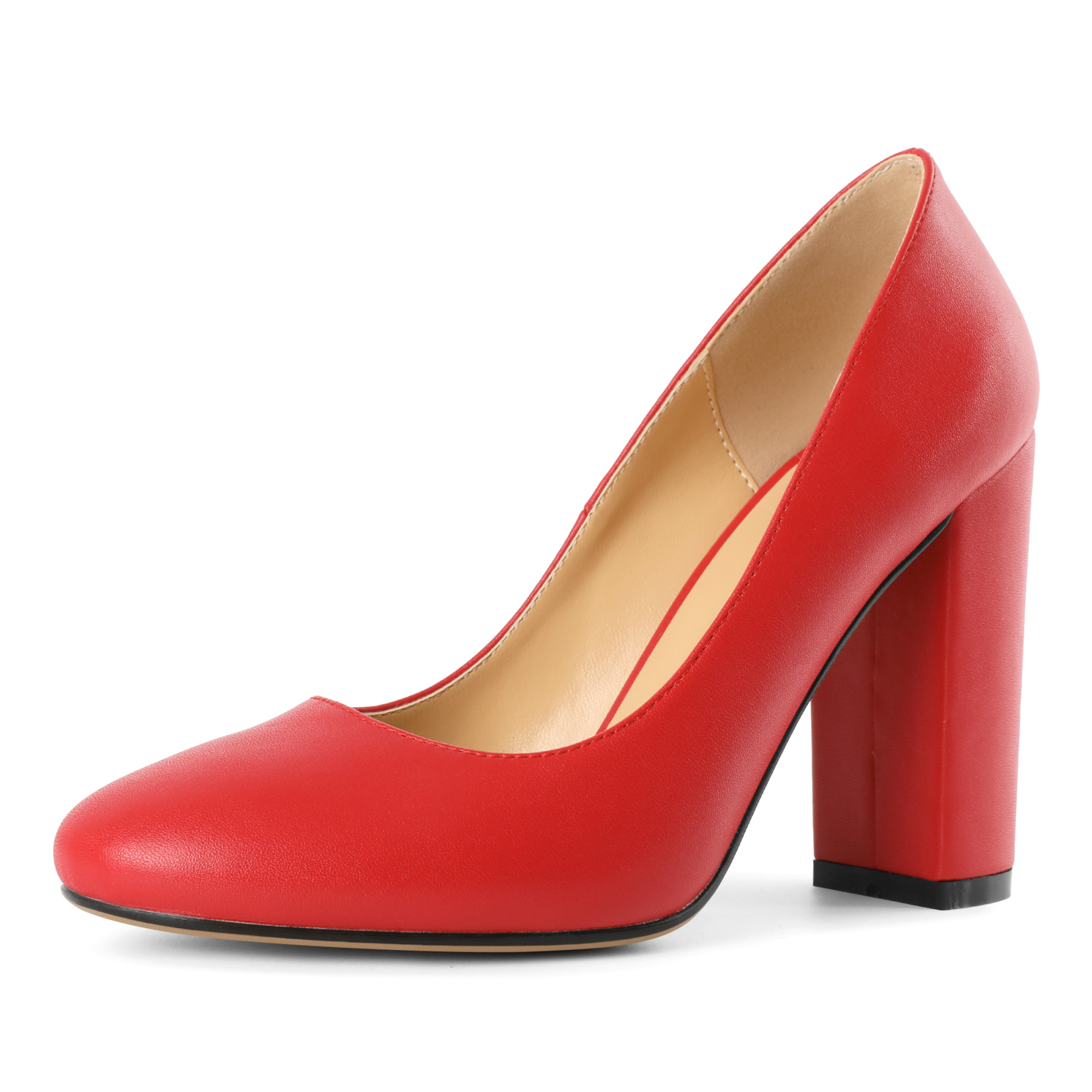 SAMMITOP Women's Round Toe Chunky Heels Slip On Pumps 4 Inch