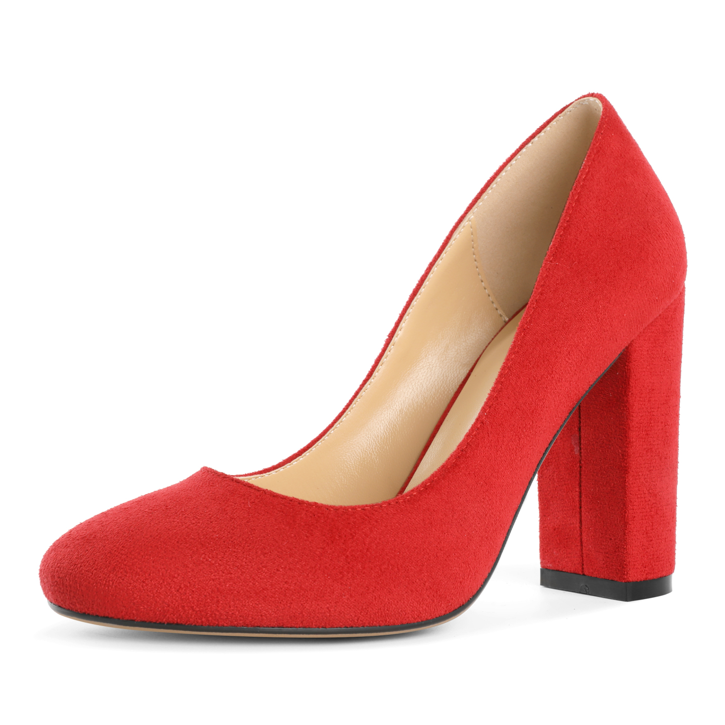 SAMMITOP 4 Inch Suede Round Toe Chunky Heels Slip On Pumps 