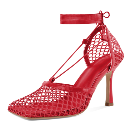 Red mesh square toe lace-up high heels with elegant ankle straps

