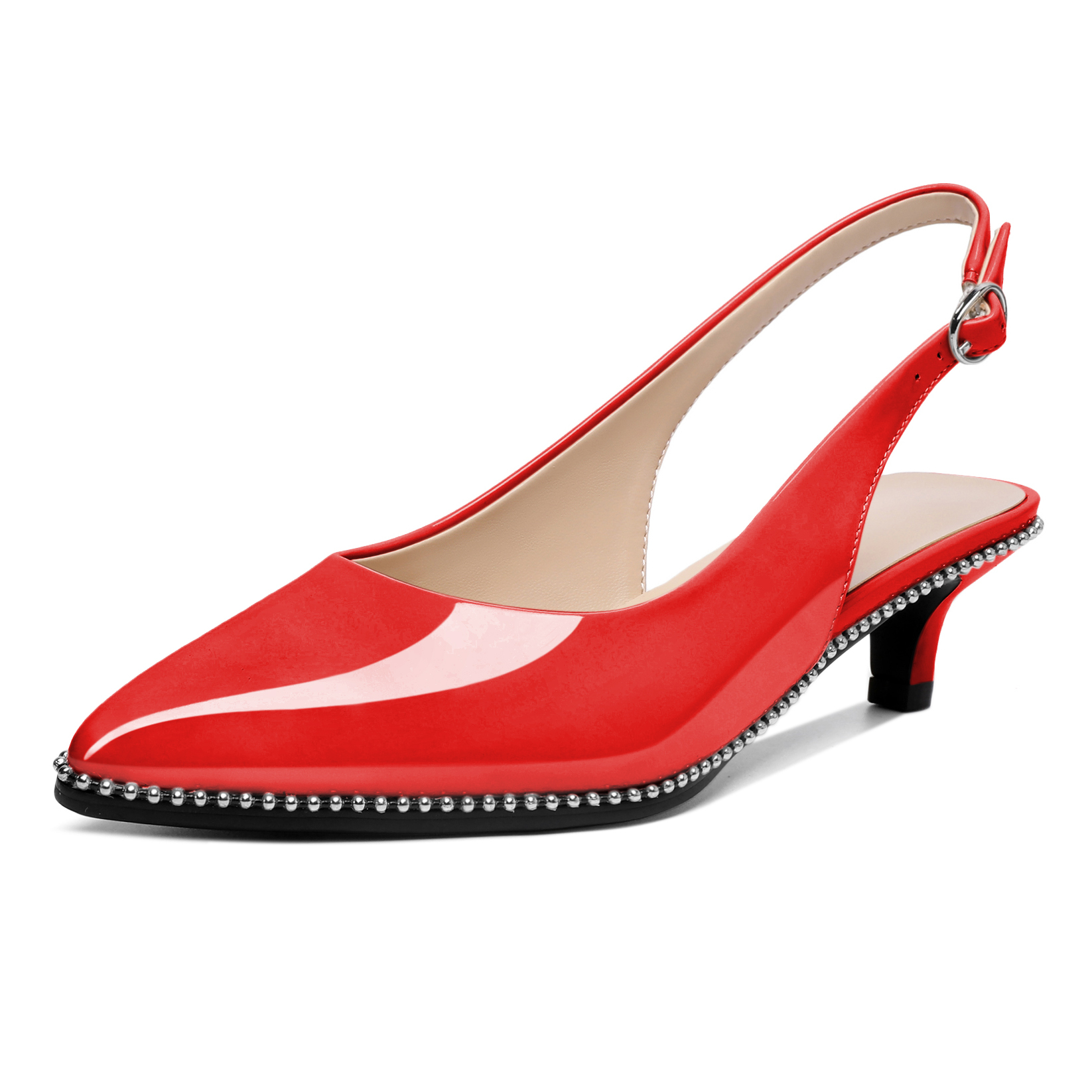 Red beaded slingback kitten pumps with 1.6 inch heel