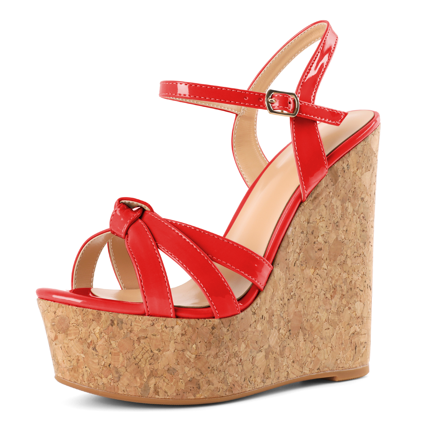 Women's red platform wedge sandals with ankle strap and bold high heel design