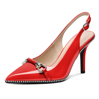 Red beaded stiletto slingback heels with 9 cm heel
