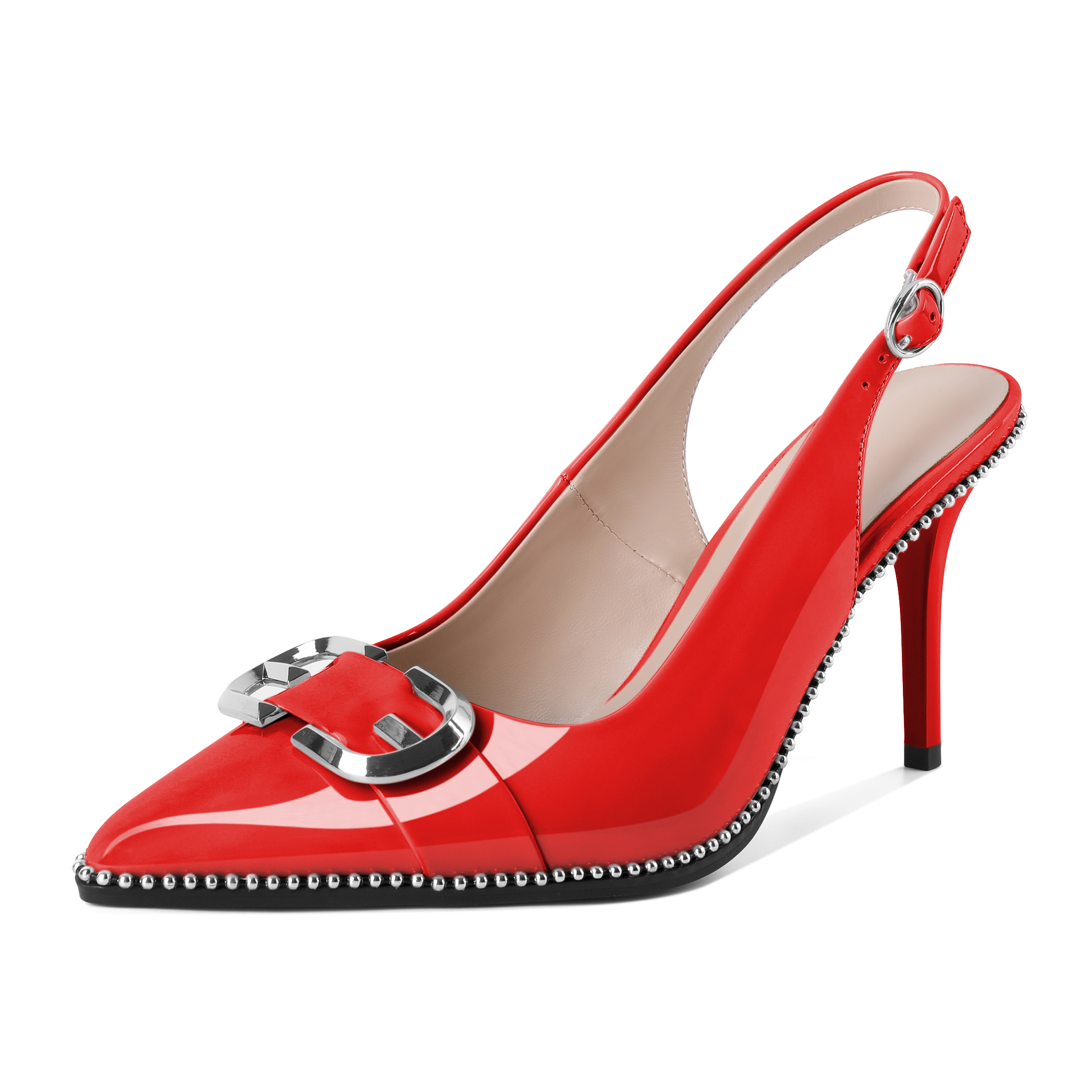 Red pointed toe slingback pumps with shimmering bead accents