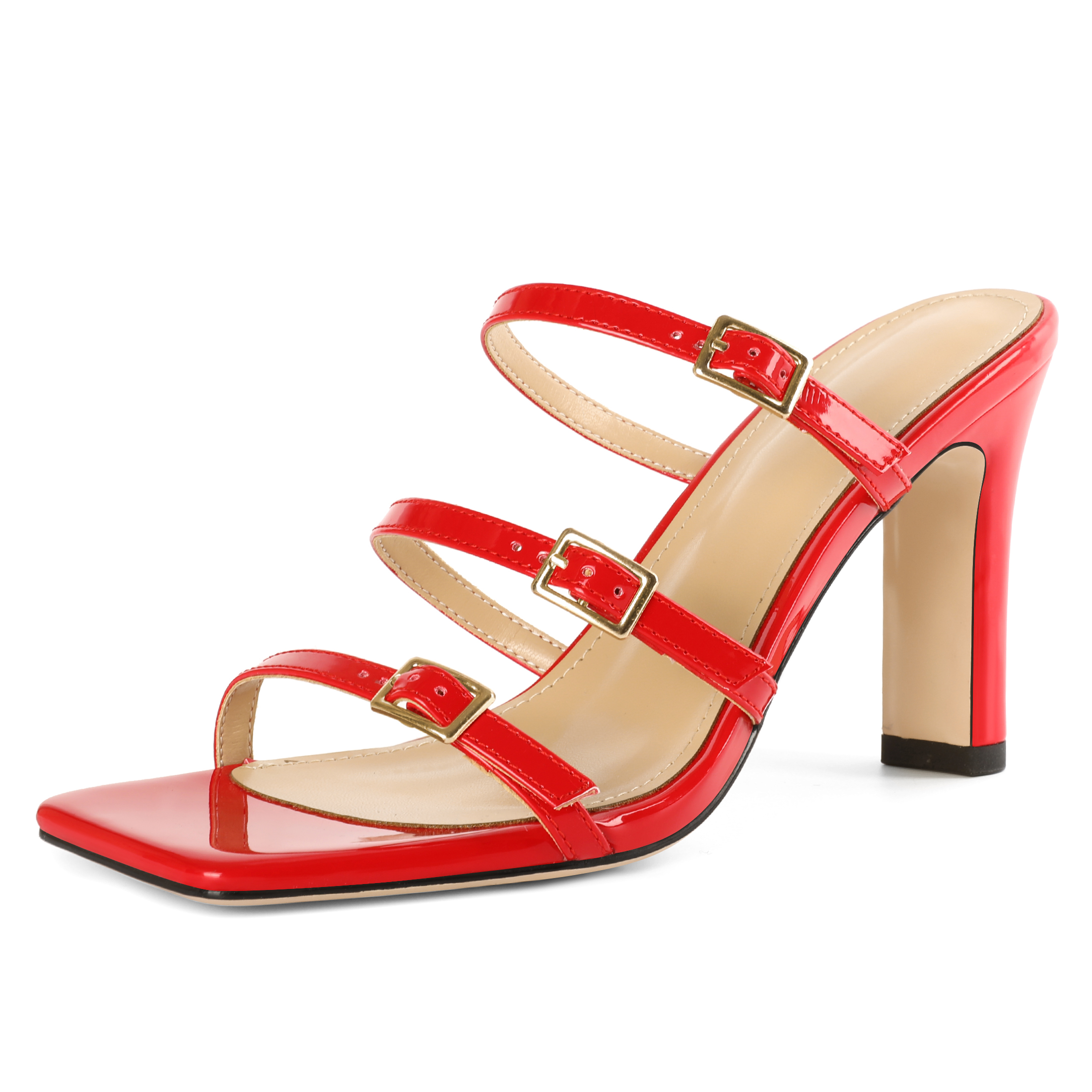 Red Chunky Heels – SAMMITOP Glossy Strappy Heeled Sandals