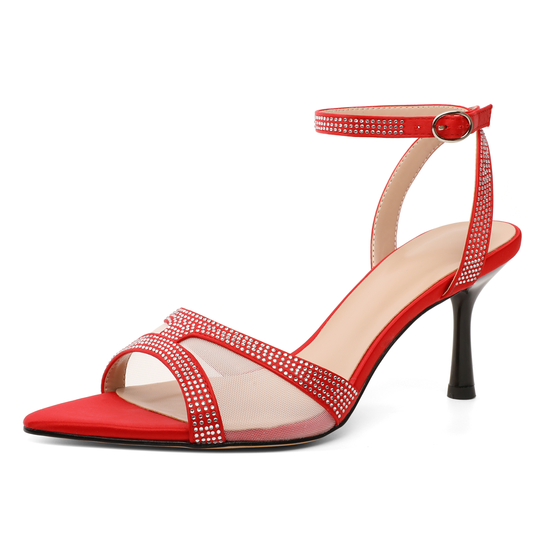 SAMMITOP red mesh rhinestone heels with slingback strap