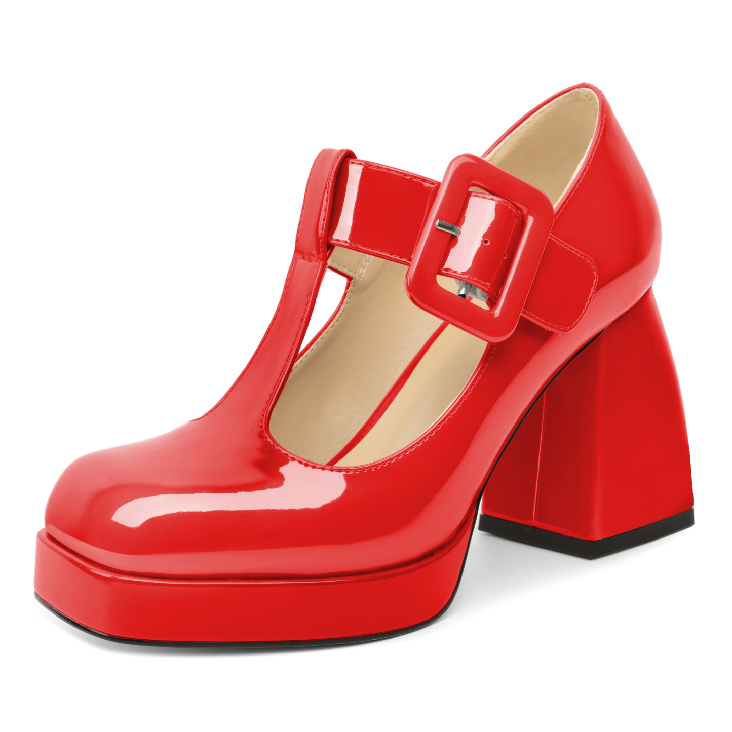 Women's red Mary Jane square toe pumps with platform sole and elegant ankle strap