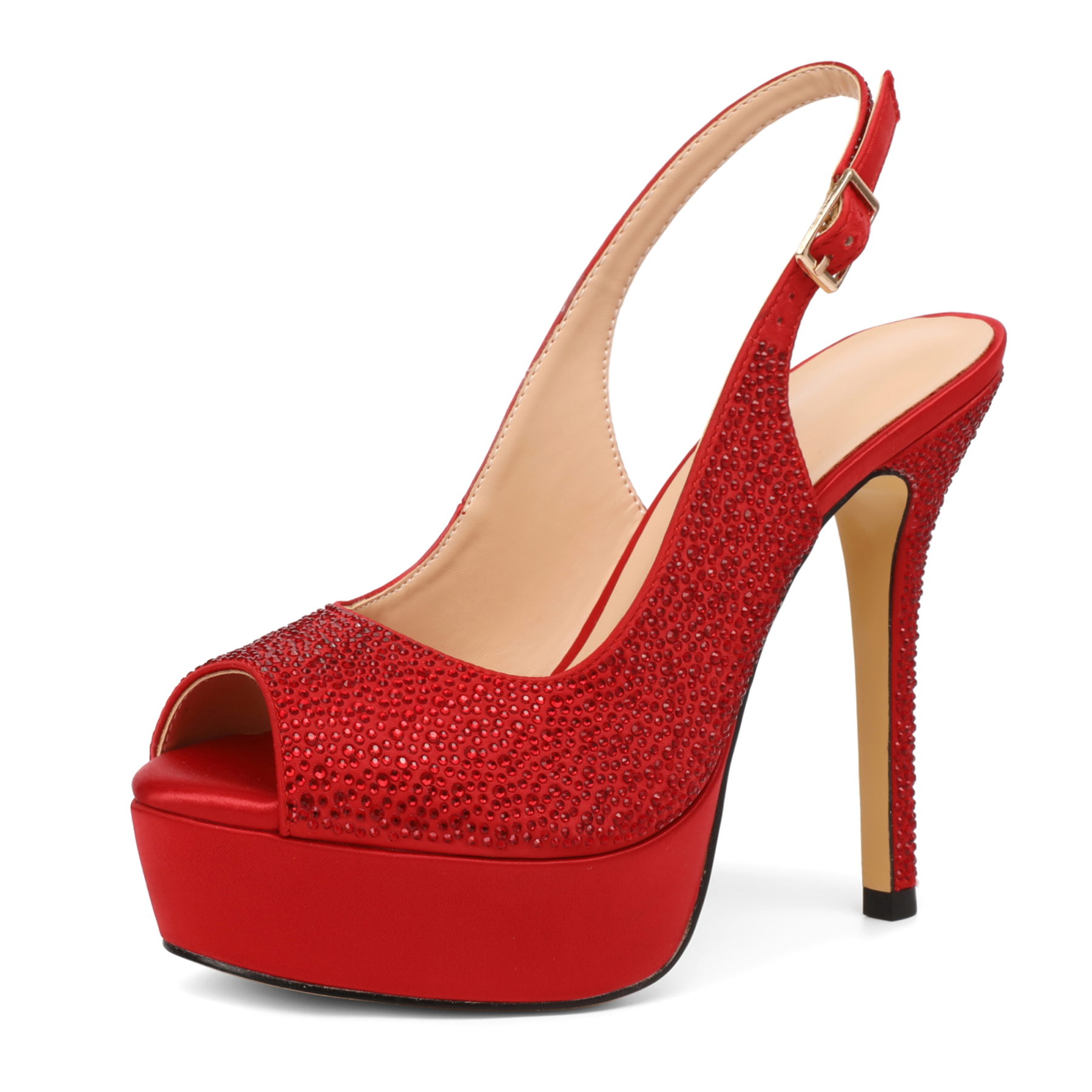 SAMMITOP Rhinestone Bold red 5-inch platform heels with glossy finish
