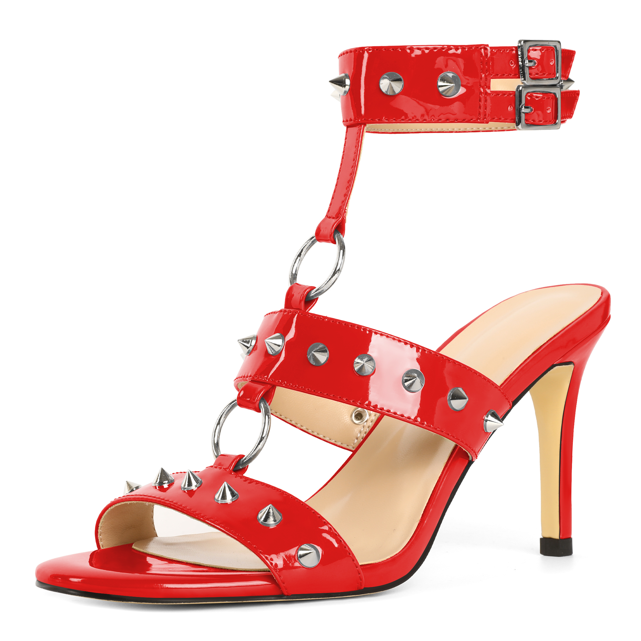 SAMMITOP 3.5'' Red Round Studded Stiletto Heels Sandals