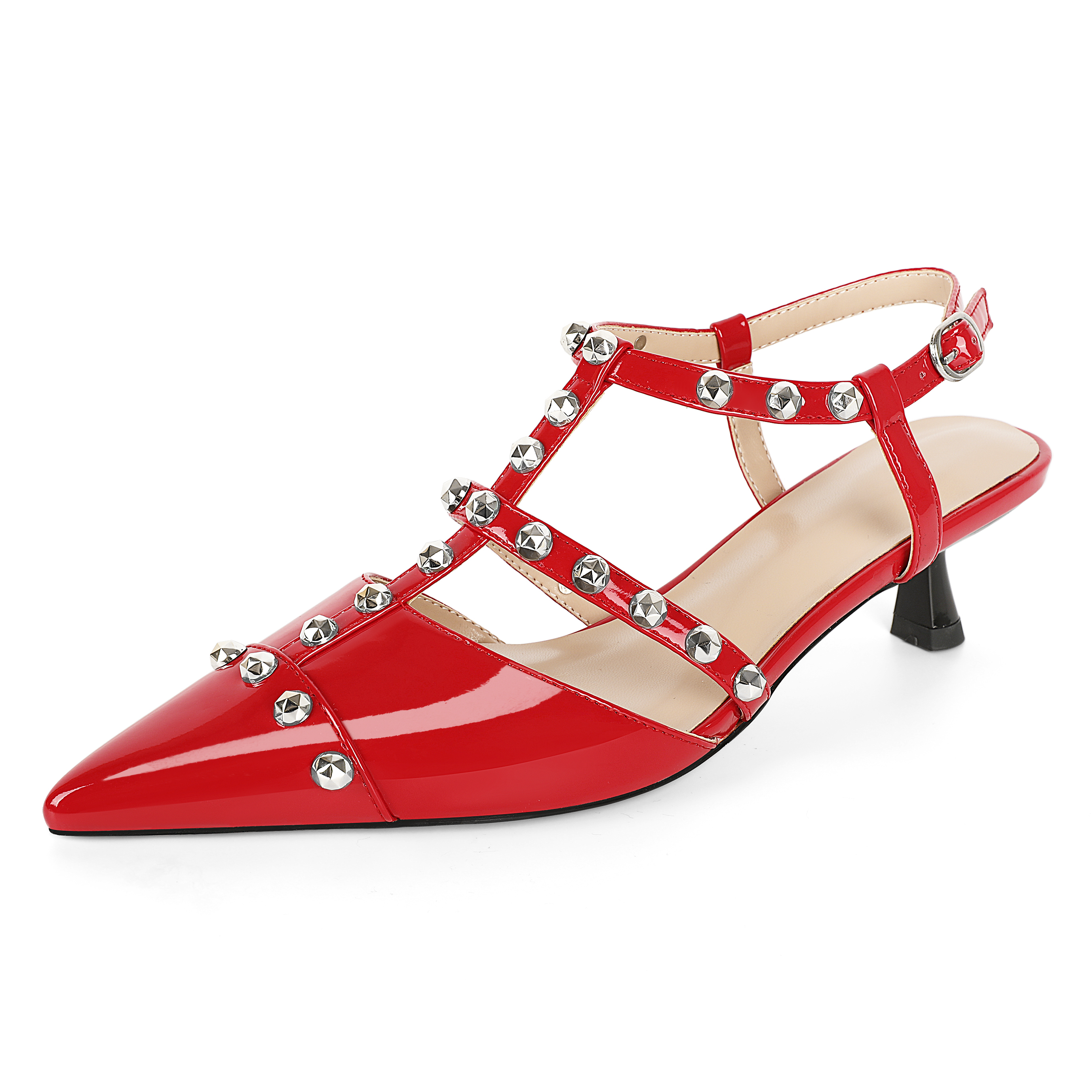 SAMMITOP 2 Inch Bold red with statement T-strap and bright silver hardware