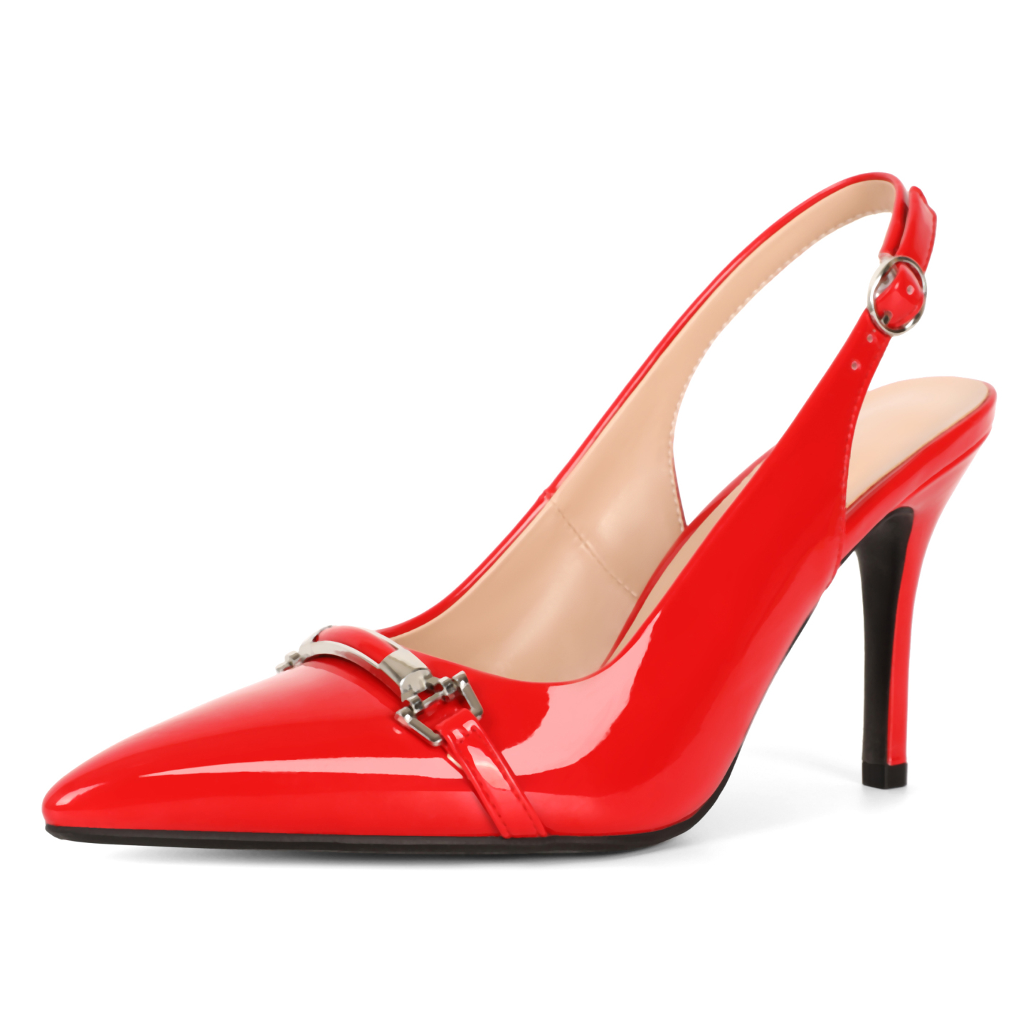 Red slingback pointed toe pumps with high heel and stylish silver buckle from SAMMITOP