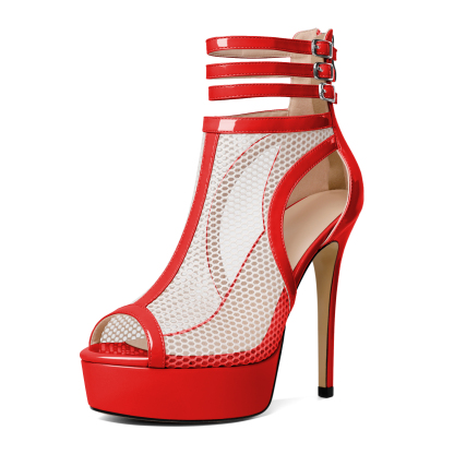 SAMMITOP 5.5 Inch Red Mesh Peep Toe Platform Boot With Zipper