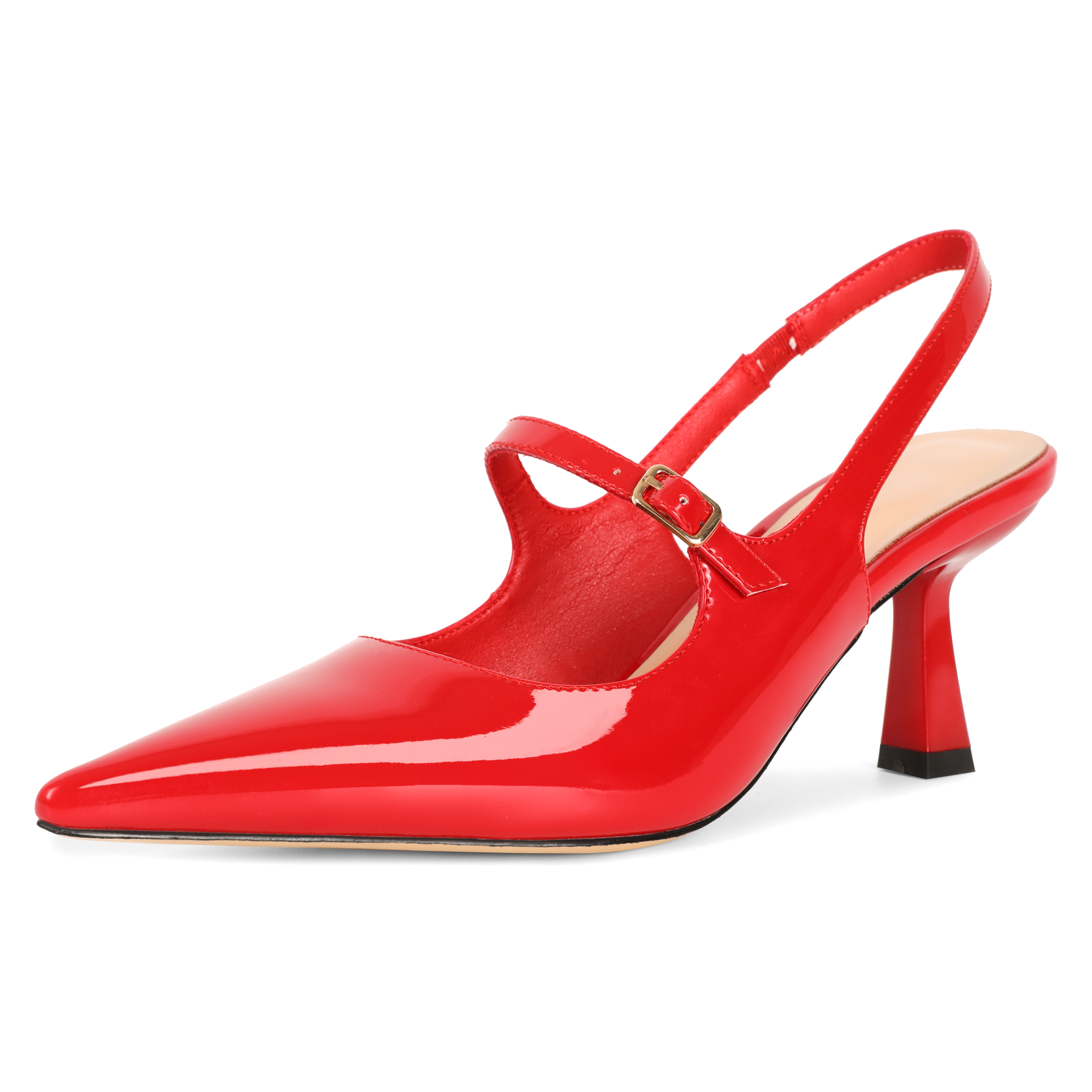 Red slingback heels with adjustable strap and pointed toe, 6.5cm low kitten heel shoes for women