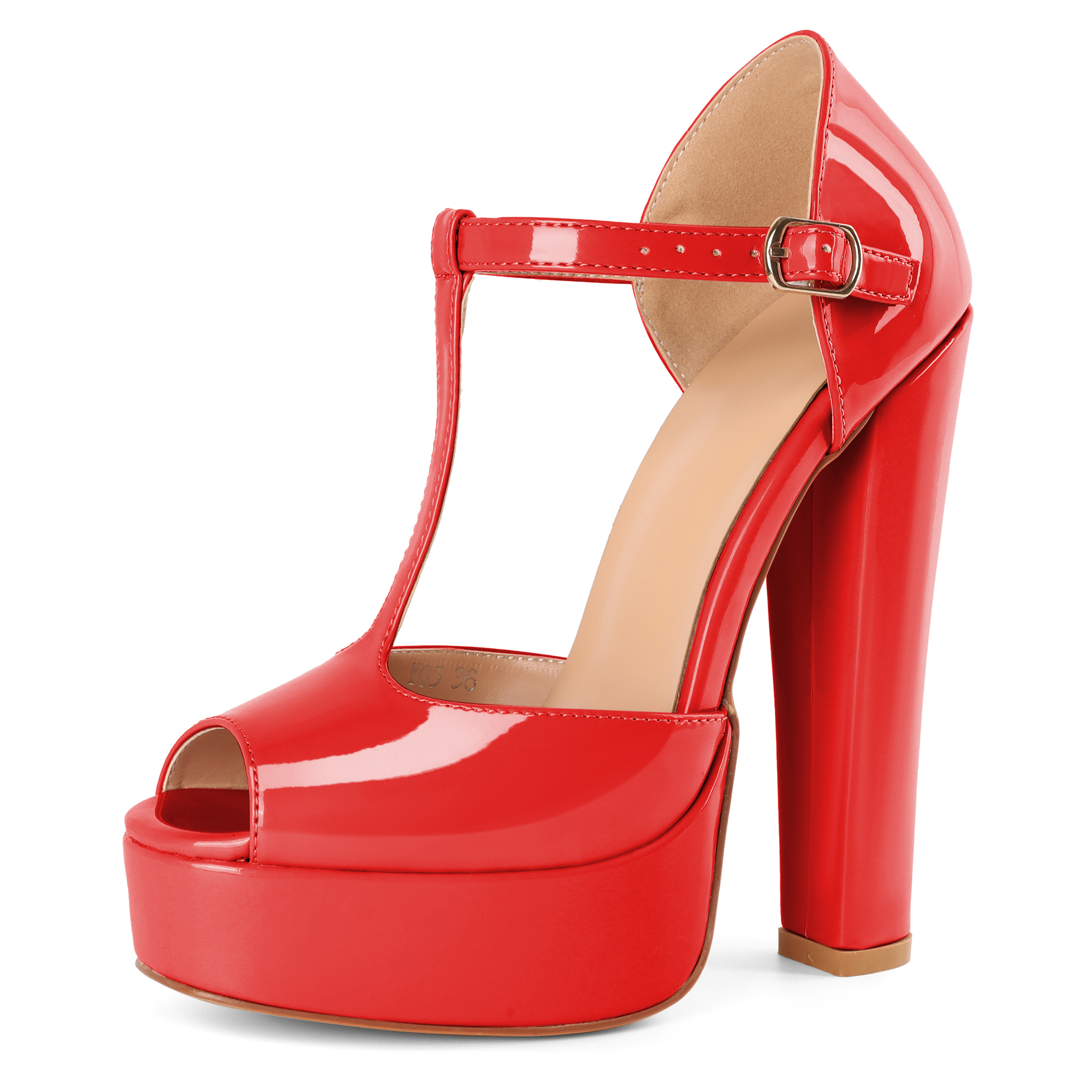 Red SAMMITOP 6 Inch Platform Chunky High Heels Ankle T Strap Sandals