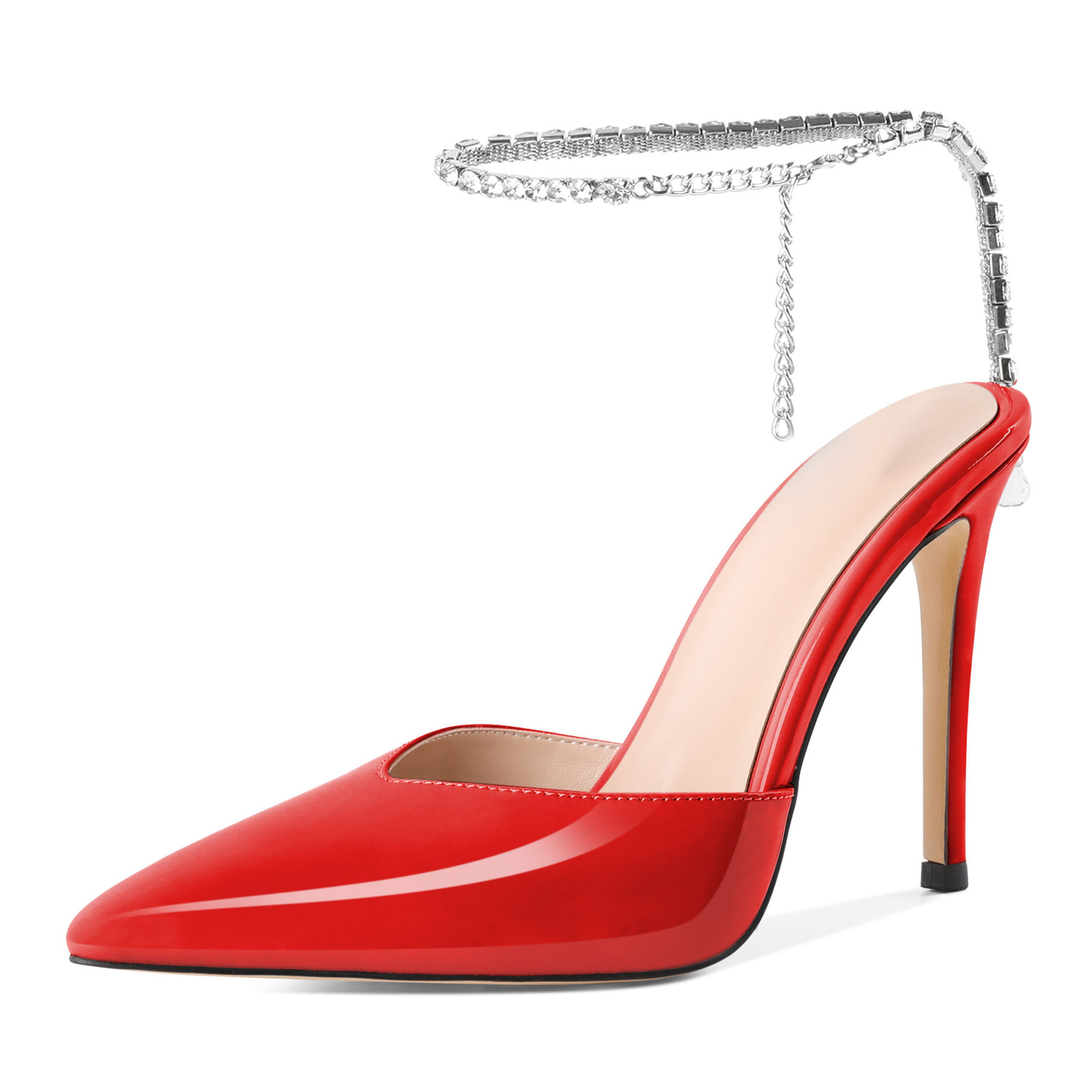 SAMMITOP 4 Inch Bold red stiletto heels with sparkling ankle chain and pointed toe