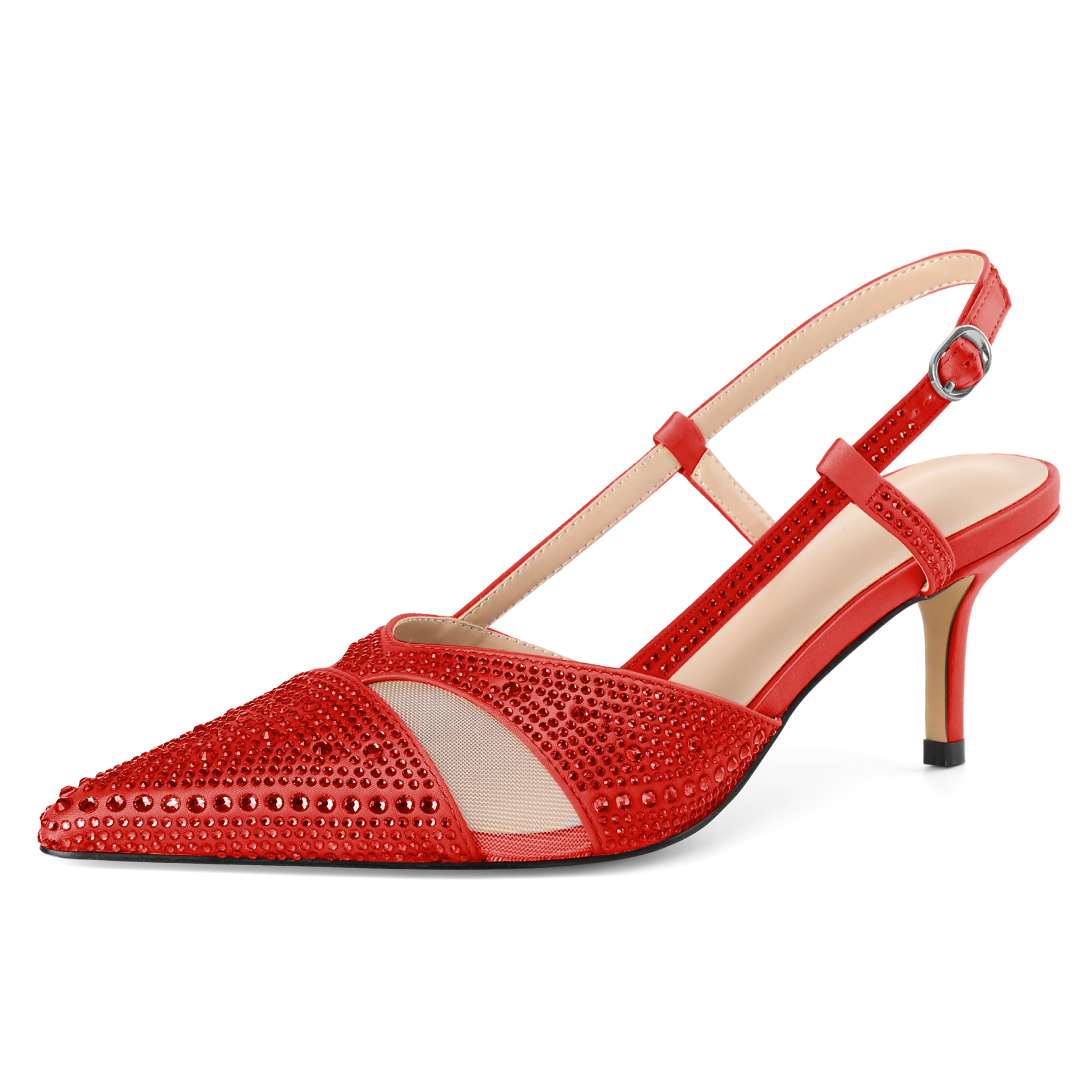 SAMMITOP 2.75 Inch Red mesh crystal pointed slingback heels for women, elegant mid heel pumps