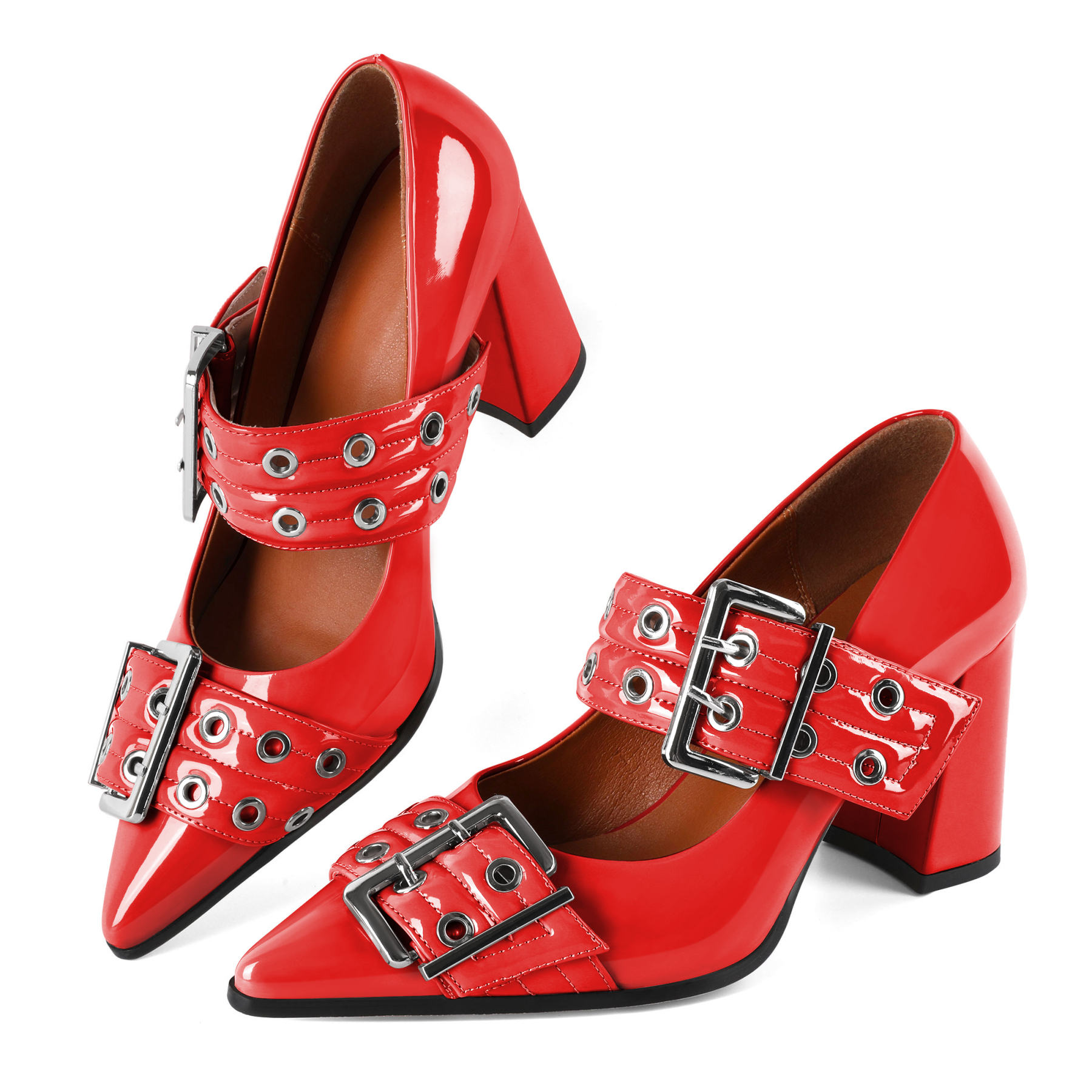 SAMMITOP 3.3 Inch Red Mary Jane Buckle Chunky Block Pumps