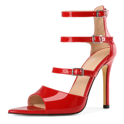 SAMMITOP 4 Inch Classic open-toe high heels with adjustable ankle buckle, PU leather, red color