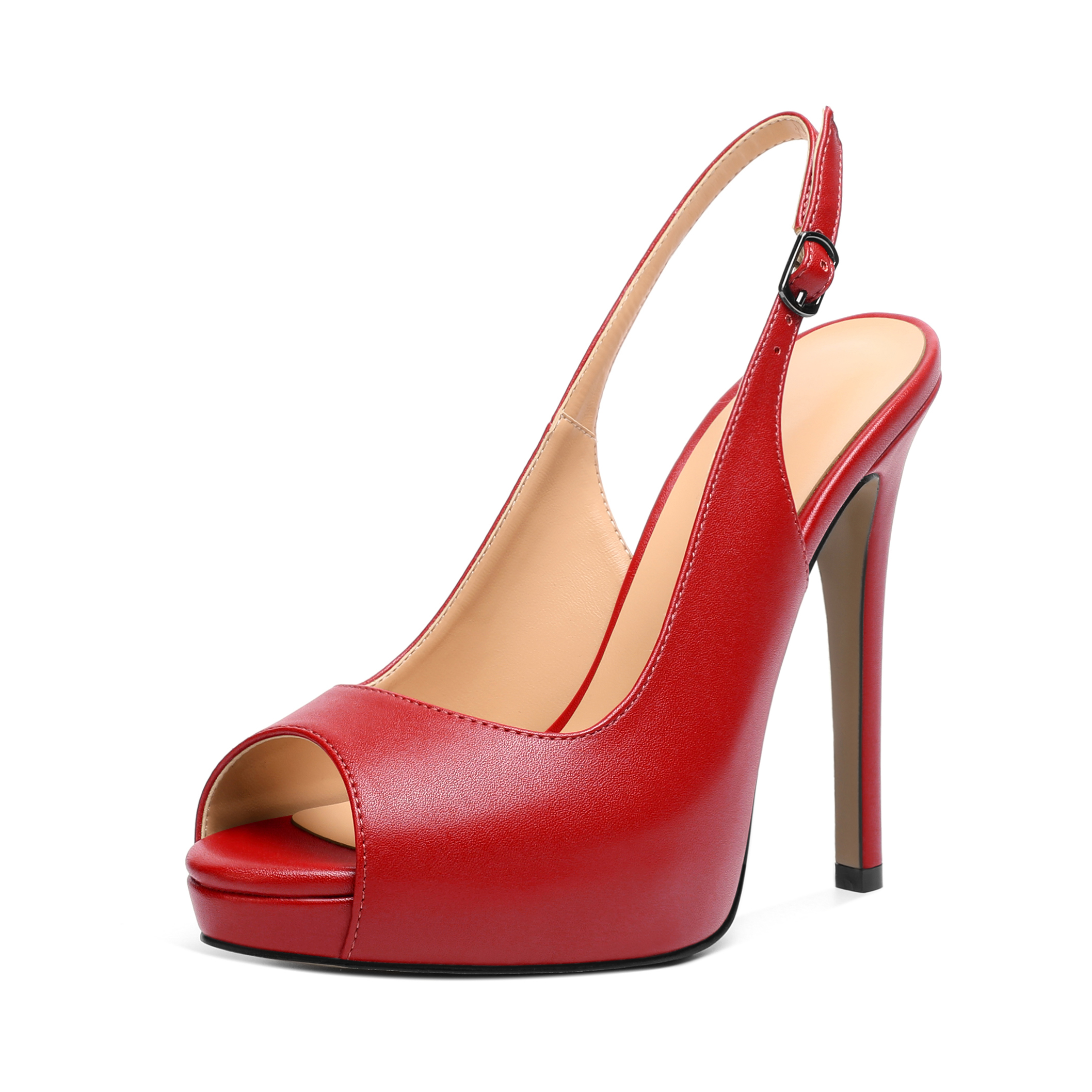Red Stiletto Heel Slingback Pumps with Peep Toe