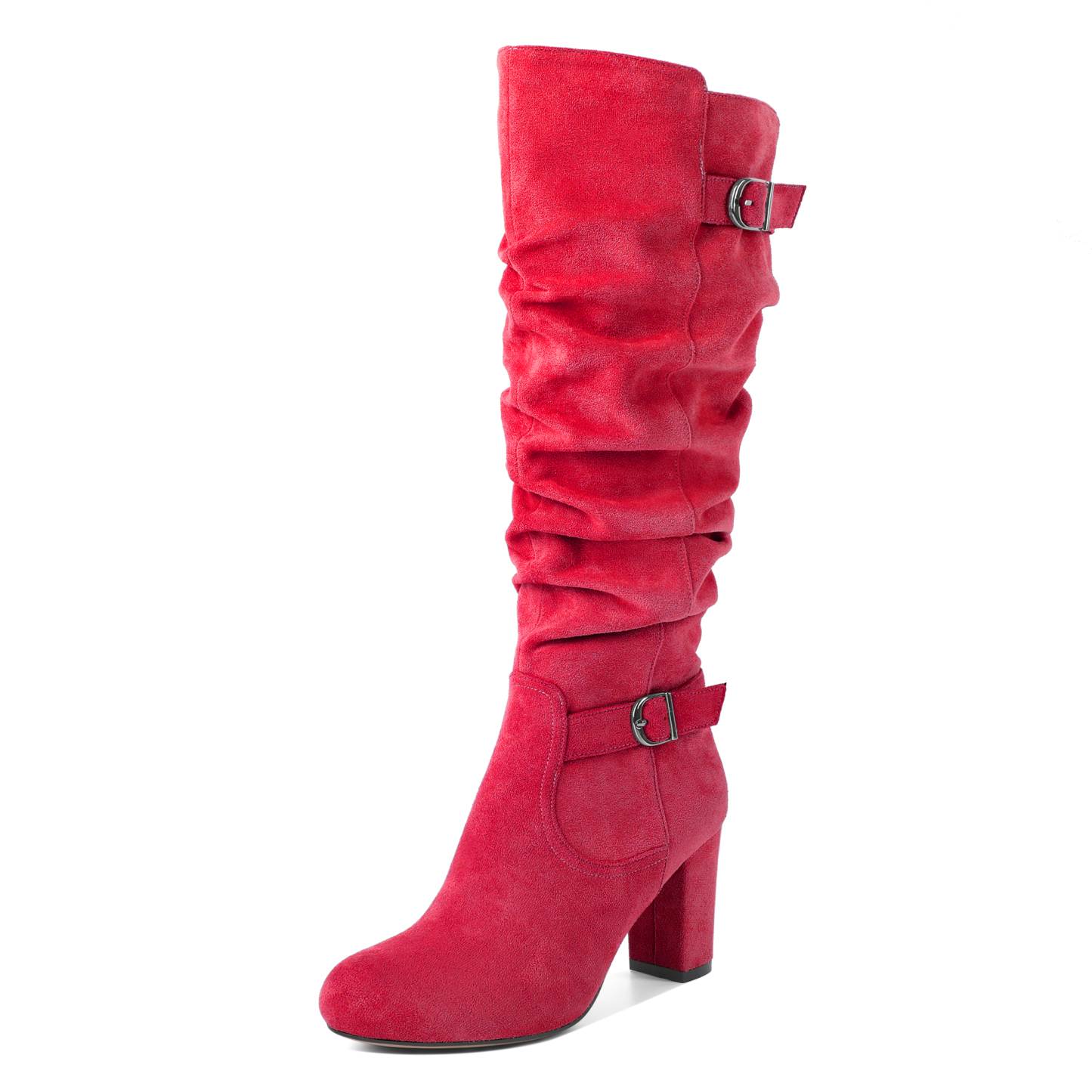 Sammitop Slouchy High Heel Boots for Women Knee High Chunky Heel Boots Round Toe Slouch Metal Buckle Side Zipper Tall Boots 3.5 Inches
