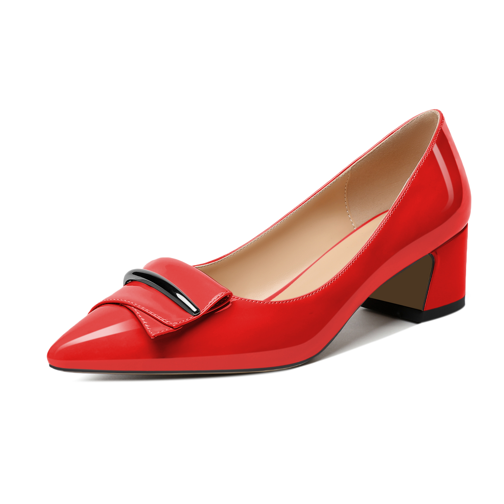 Bright red pointed toe block heel shoes