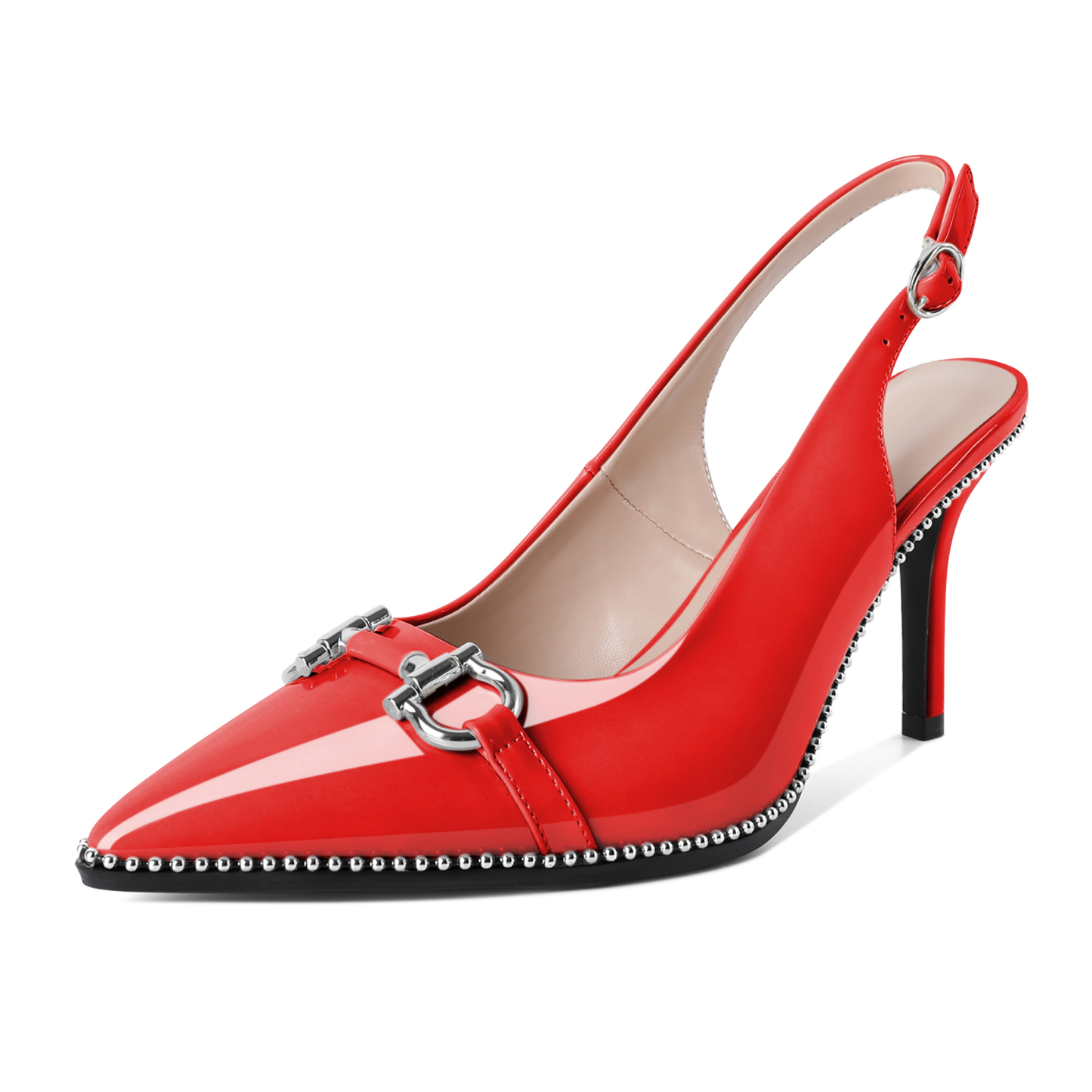 Women's red slingback pumps with pointed toe and shimmering silver bead decoration