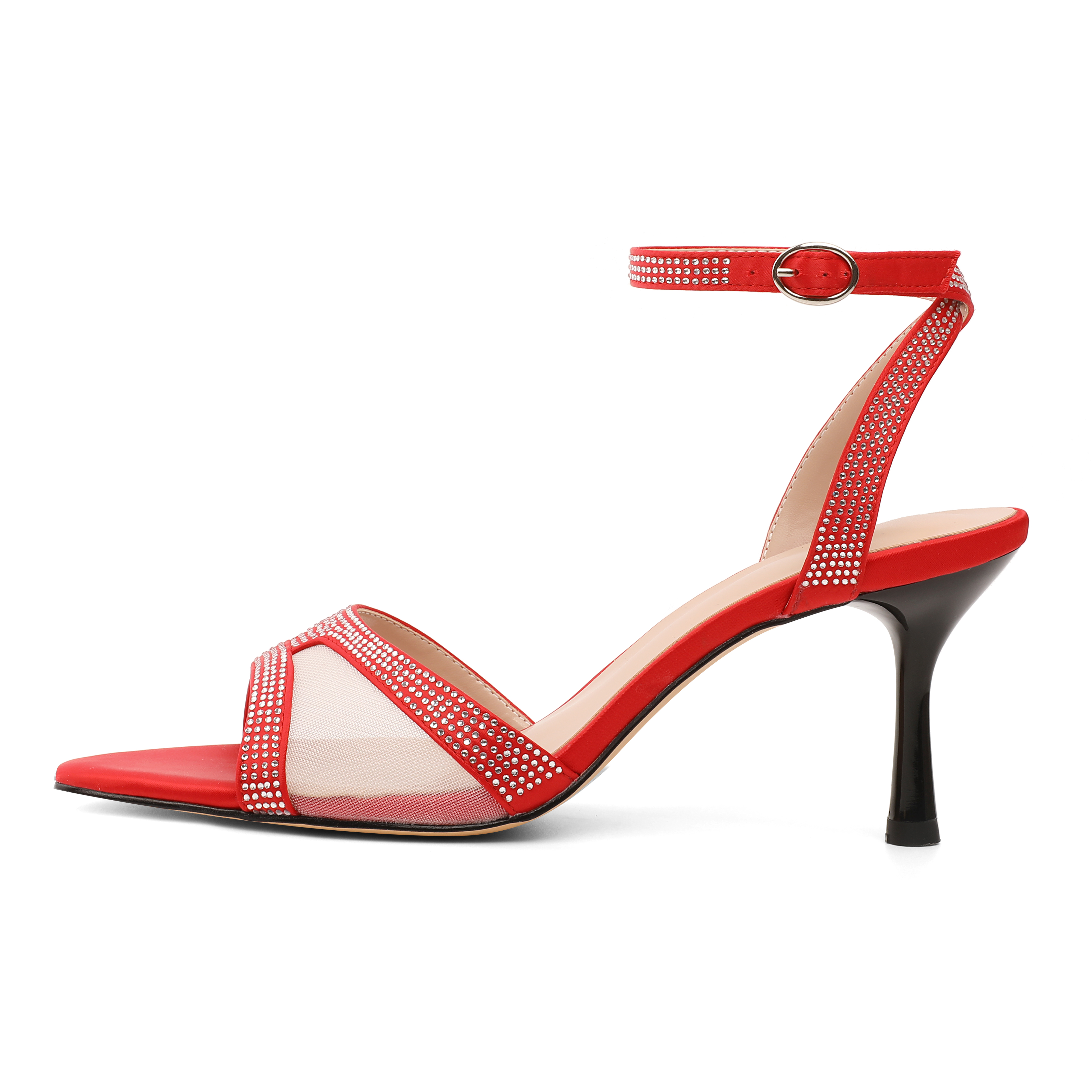 Side view of red rhinestone mesh party heels