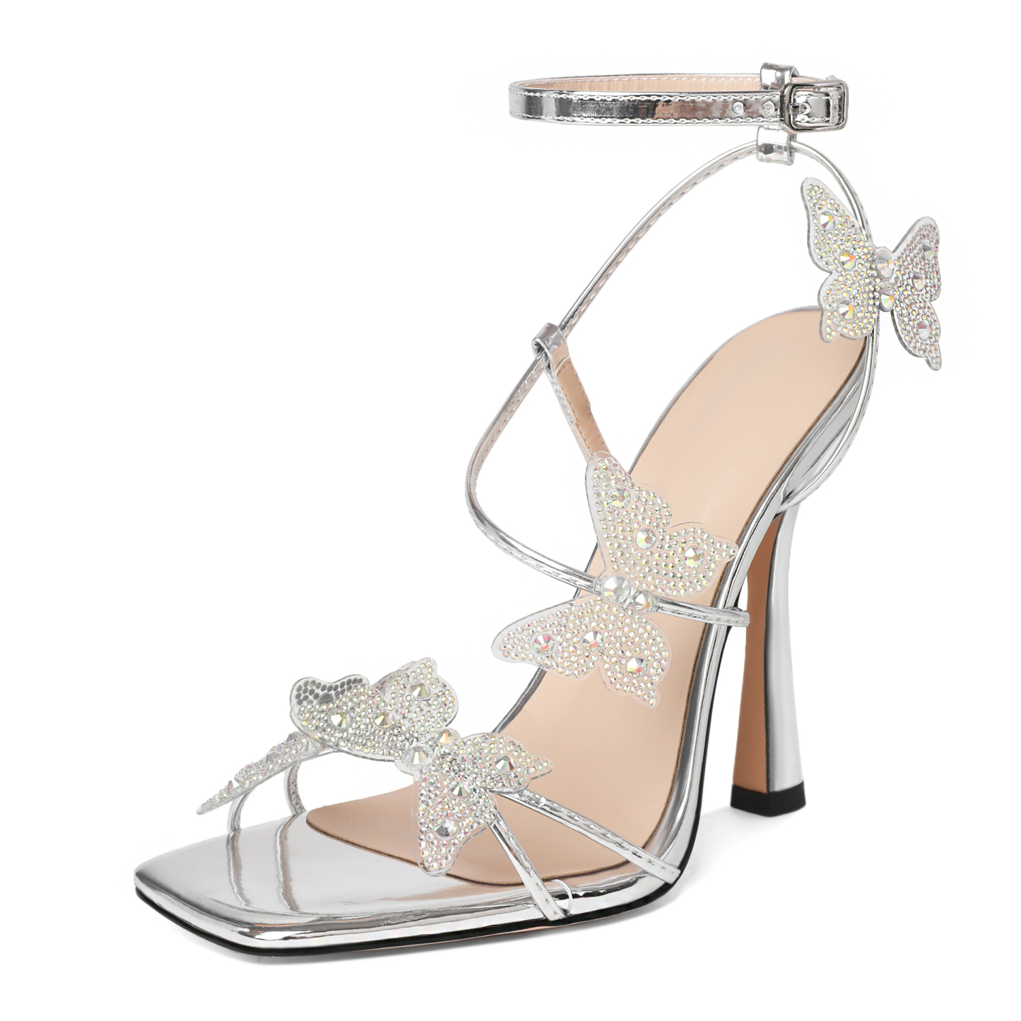 Silver Butterfly Heels – Shiny Open Toe Party Shoes