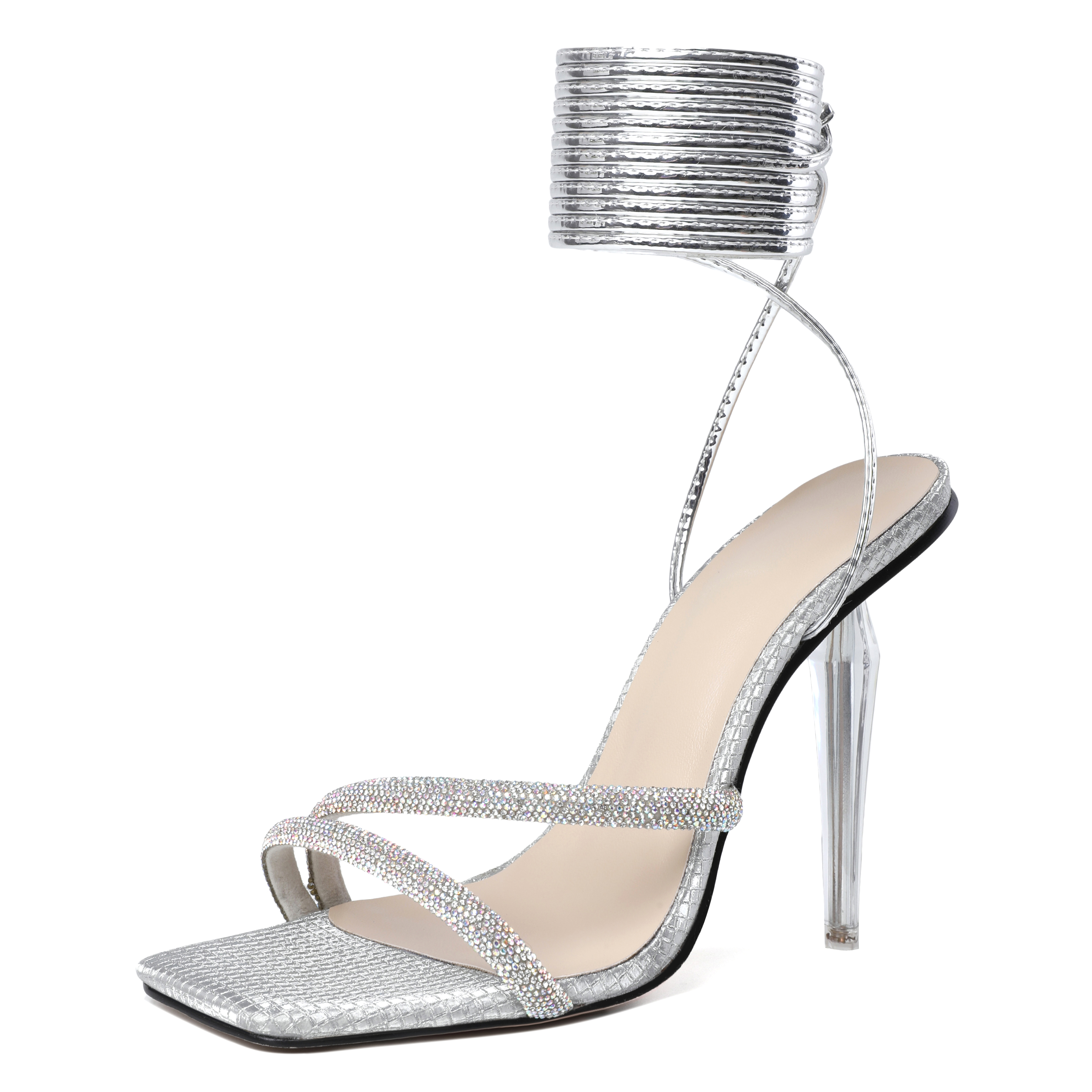 Silver metal rhinestone strappy open toe stilettos