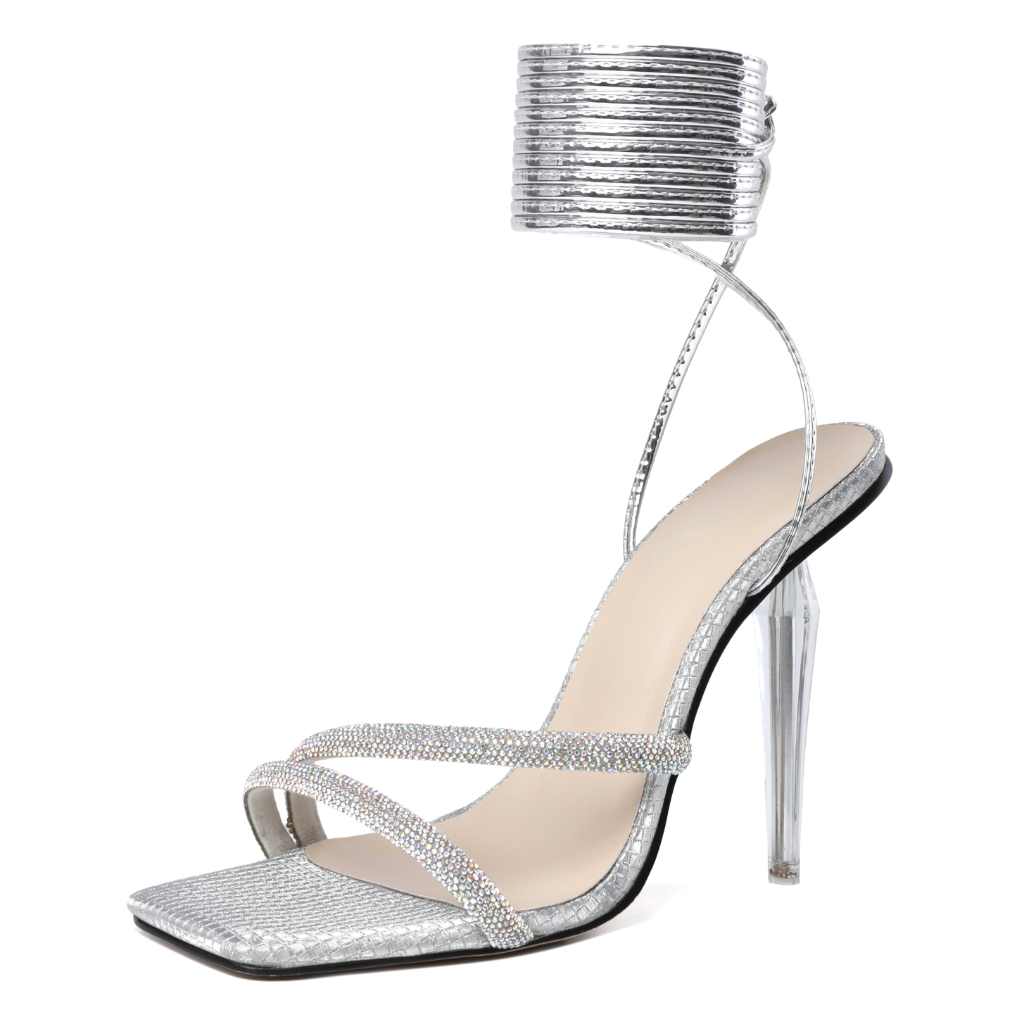 Silver metal rhinestone strappy open toe stilettos
