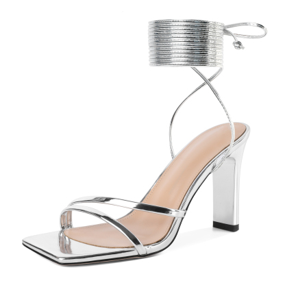 SAMMITOP silver chunky heels with open toe and strappy lace-up design