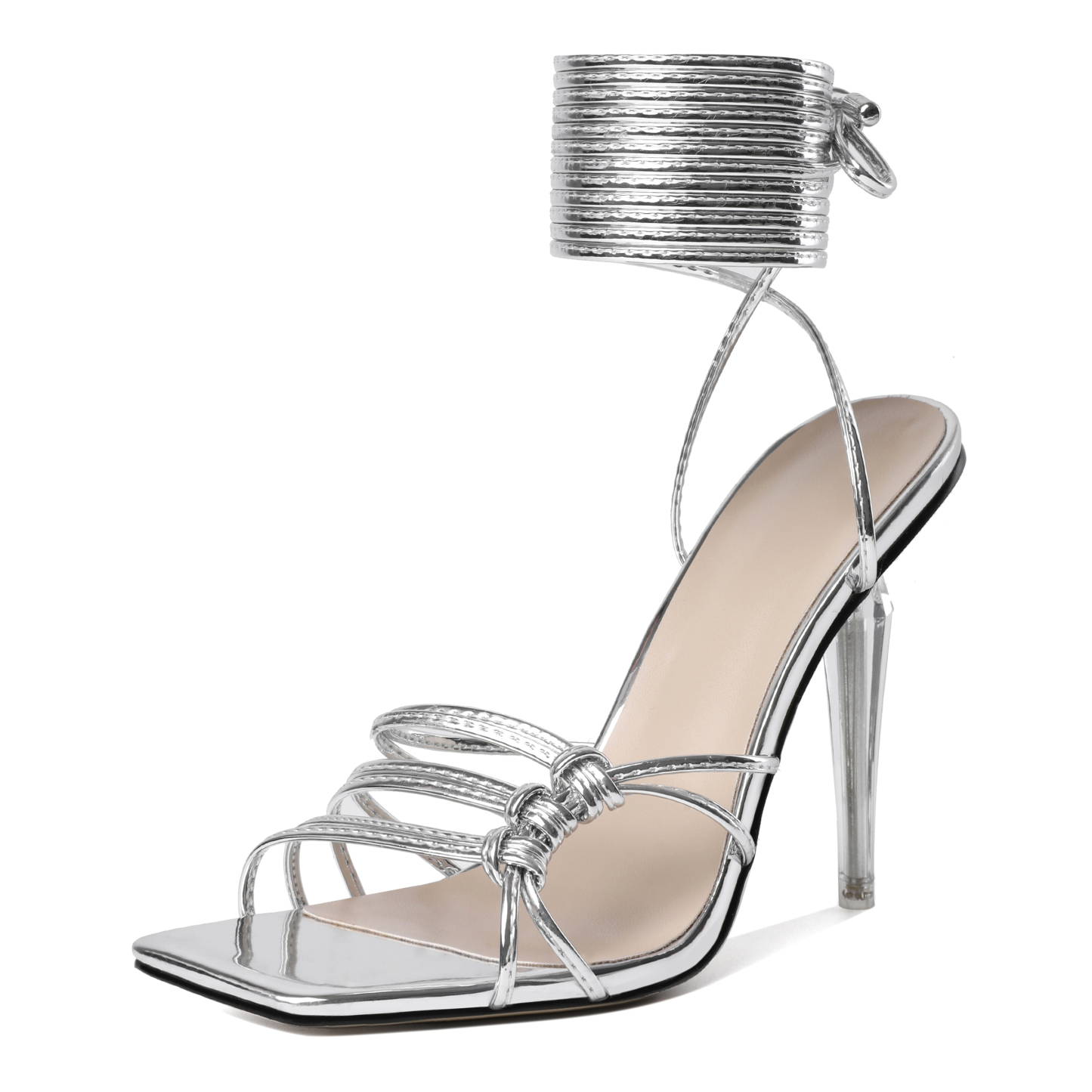 Silver strappy stiletto sandals with clear heel – open toe view