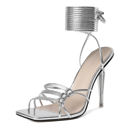 Silver strappy stiletto sandals with clear heel – open toe view
