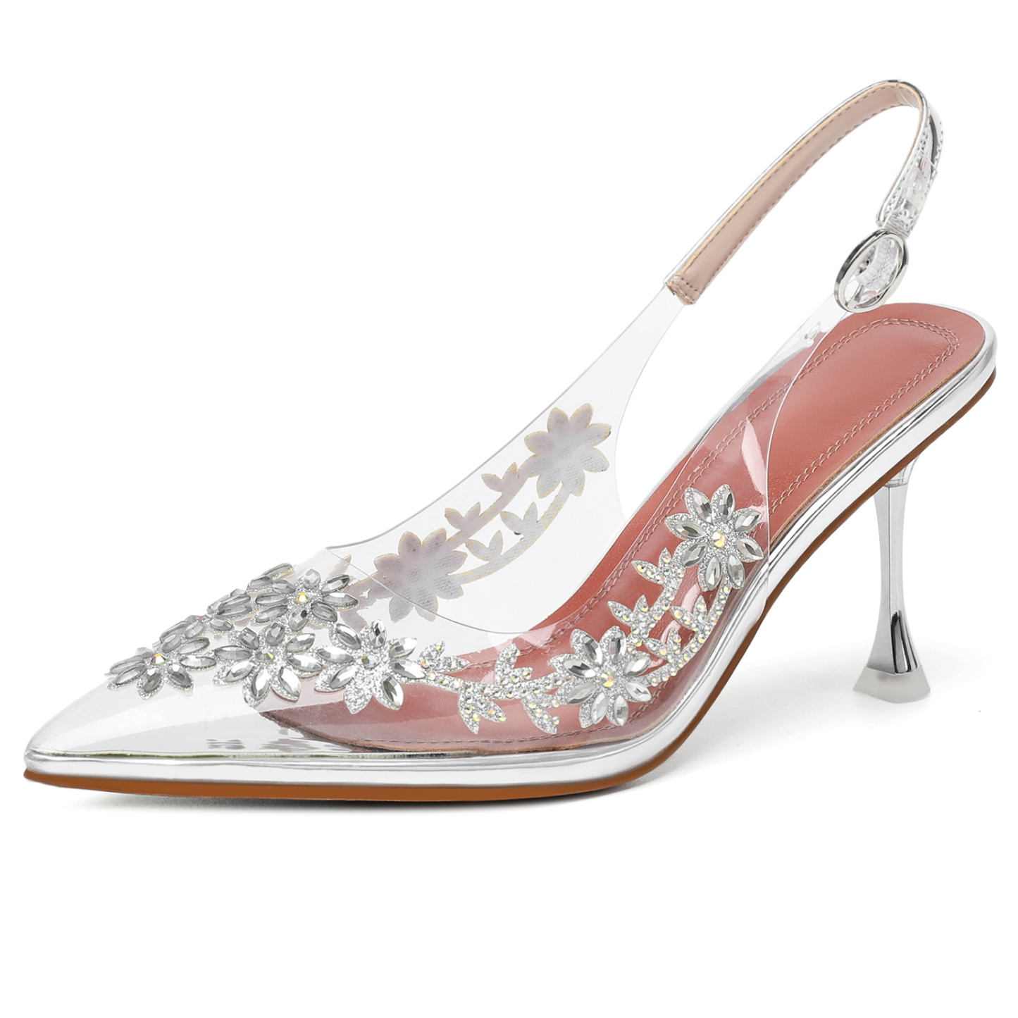 Silver 3.5-inch slingback clear mule sandals with pointed peep toe – SAMMITOP