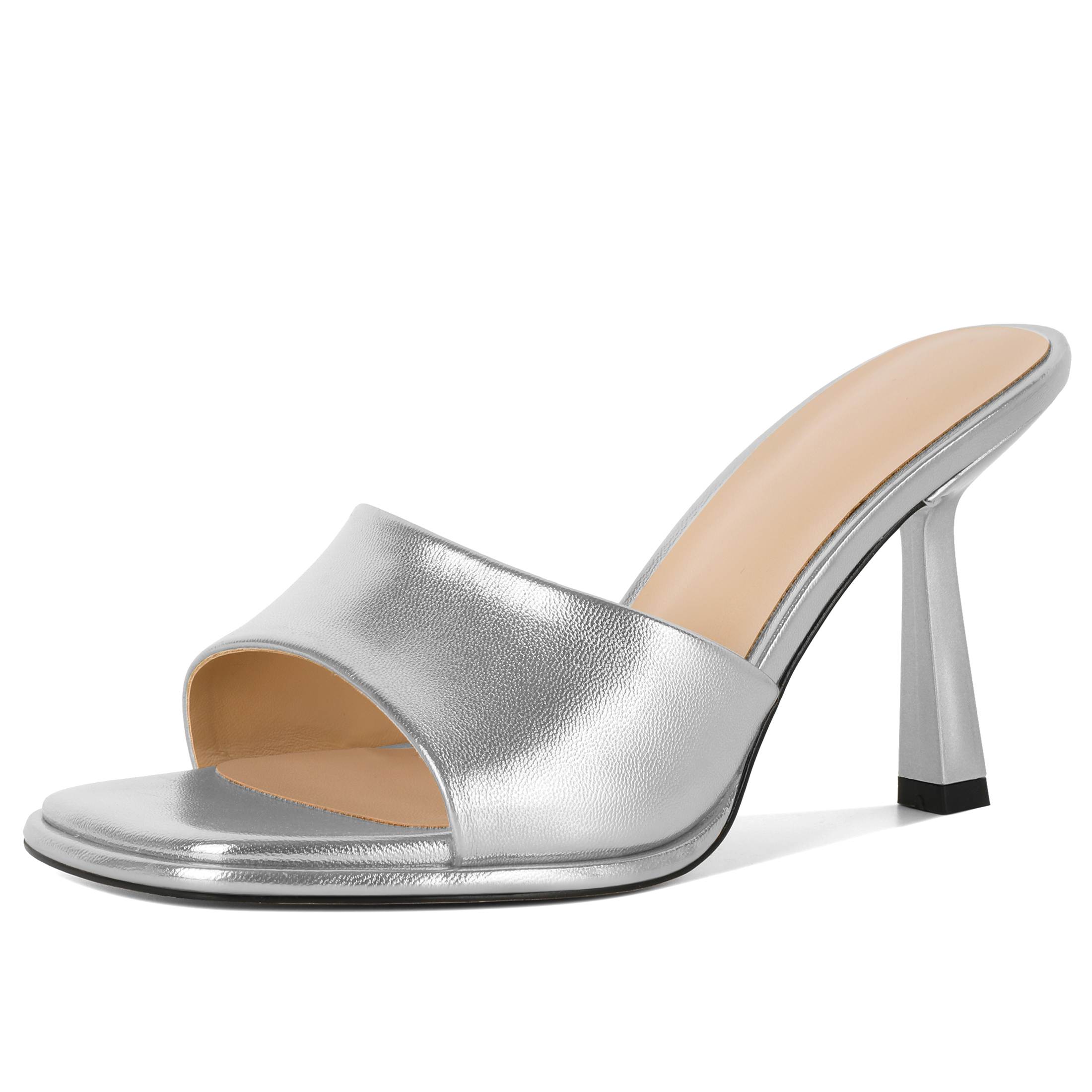 Silver slip-on sandals with stiletto heel