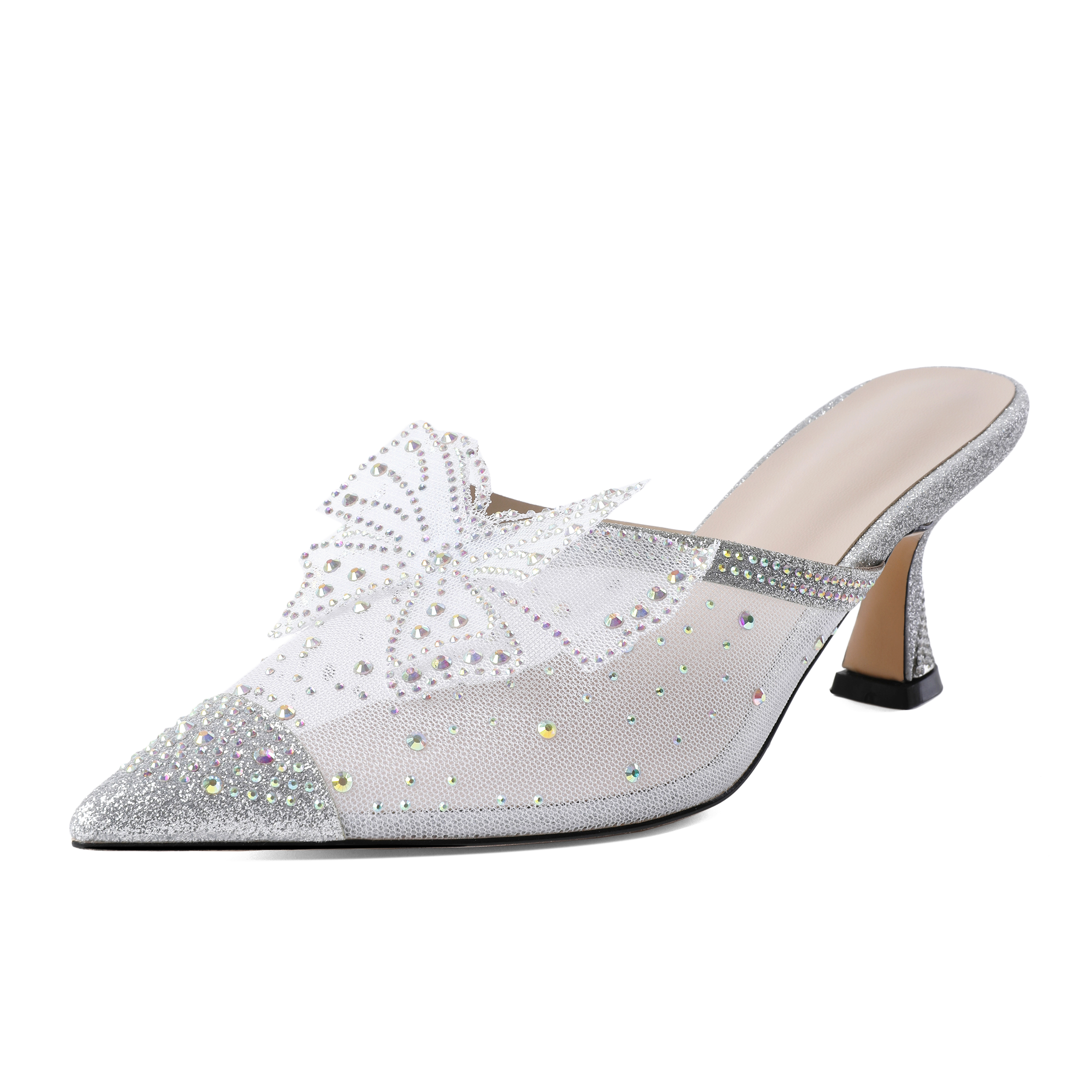 Silver rhinestone bow mesh heels front view