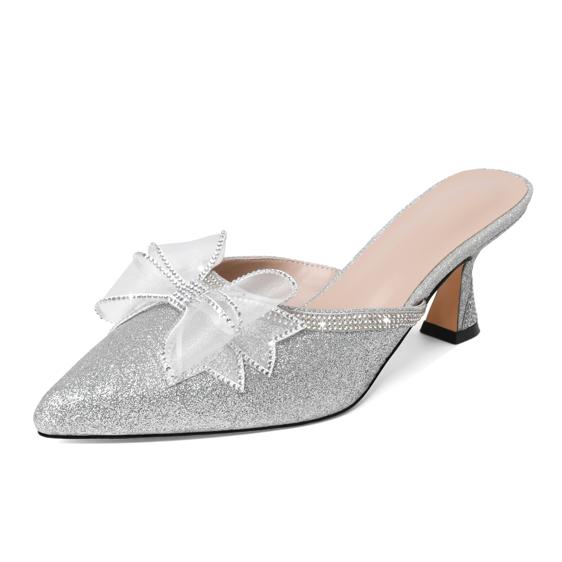 SAMMITOP 2.5'' Rhinestone Bow Glitter Kitten Heel Mules 