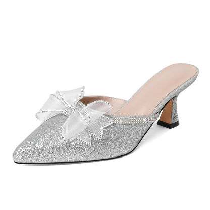 SAMMITOP 2.5'' Rhinestone Bow Glitter Kitten Heel Mules 