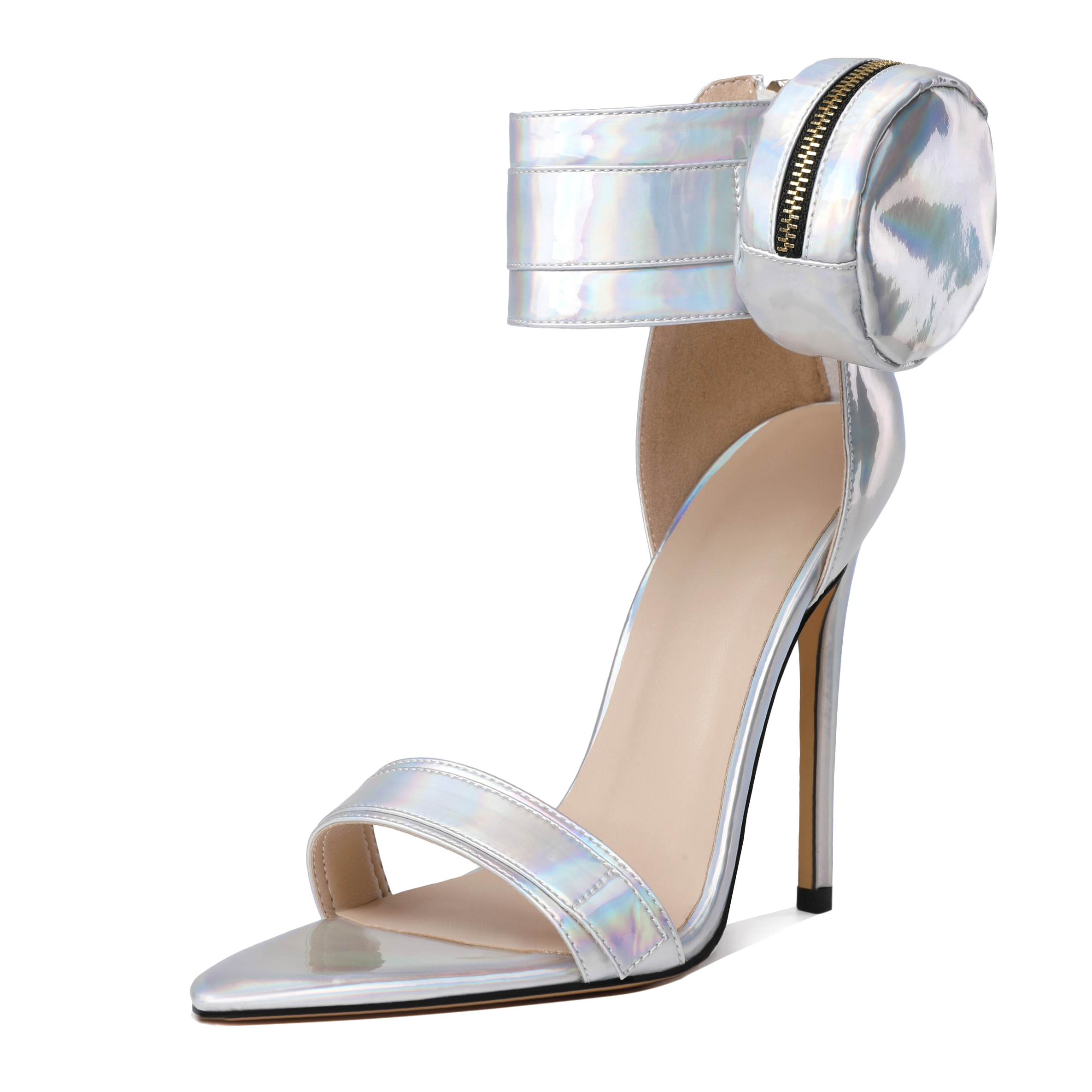 Shiny Silver SAMMITOP Pointed Toe Heels with Functional Side Pouch