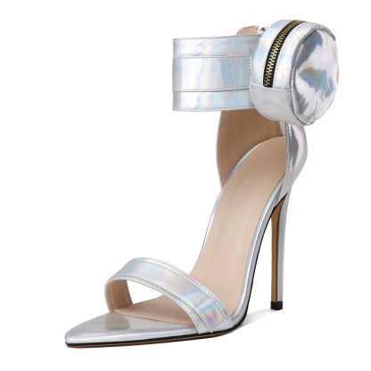 Shiny Silver SAMMITOP Pointed Toe Heels with Functional Side Pouch