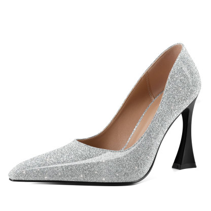 Silver flare heel pointed toe slip-on heels – stylish 4 inch high heel pumps for women