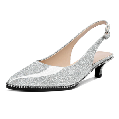 Silver slingback kitten heel pumps with pointed toe and bead detail