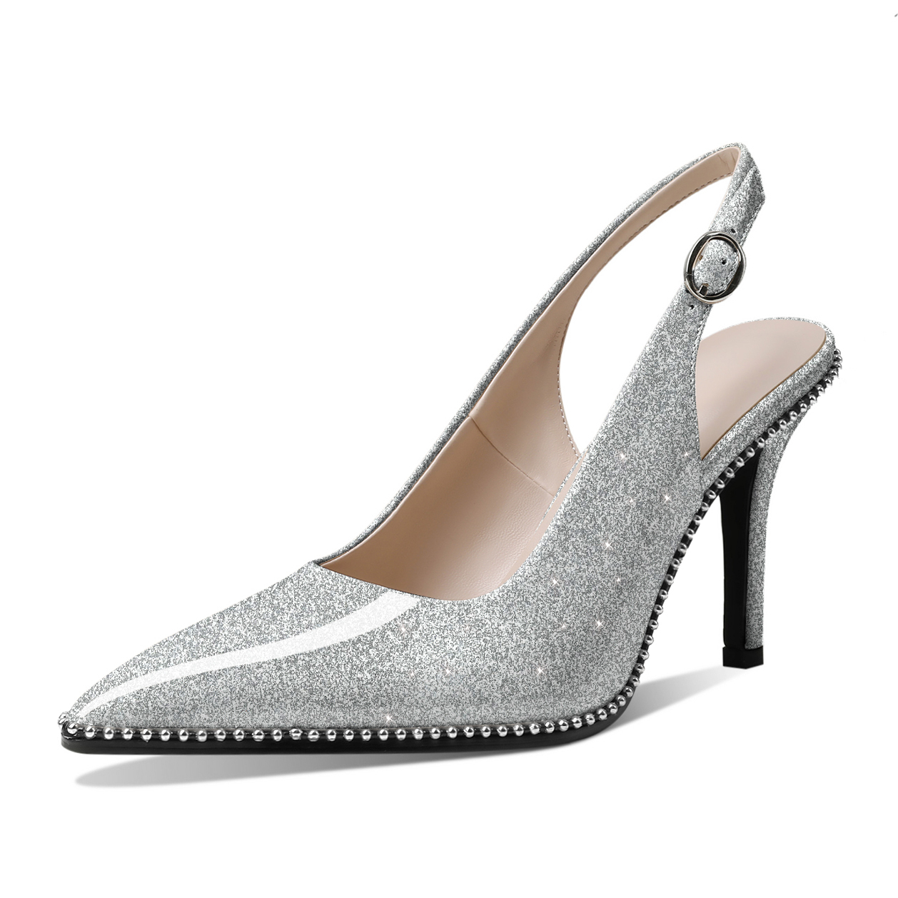 Silver Metallic Slingback Stilettos with Beaded Detail and Patent Shine