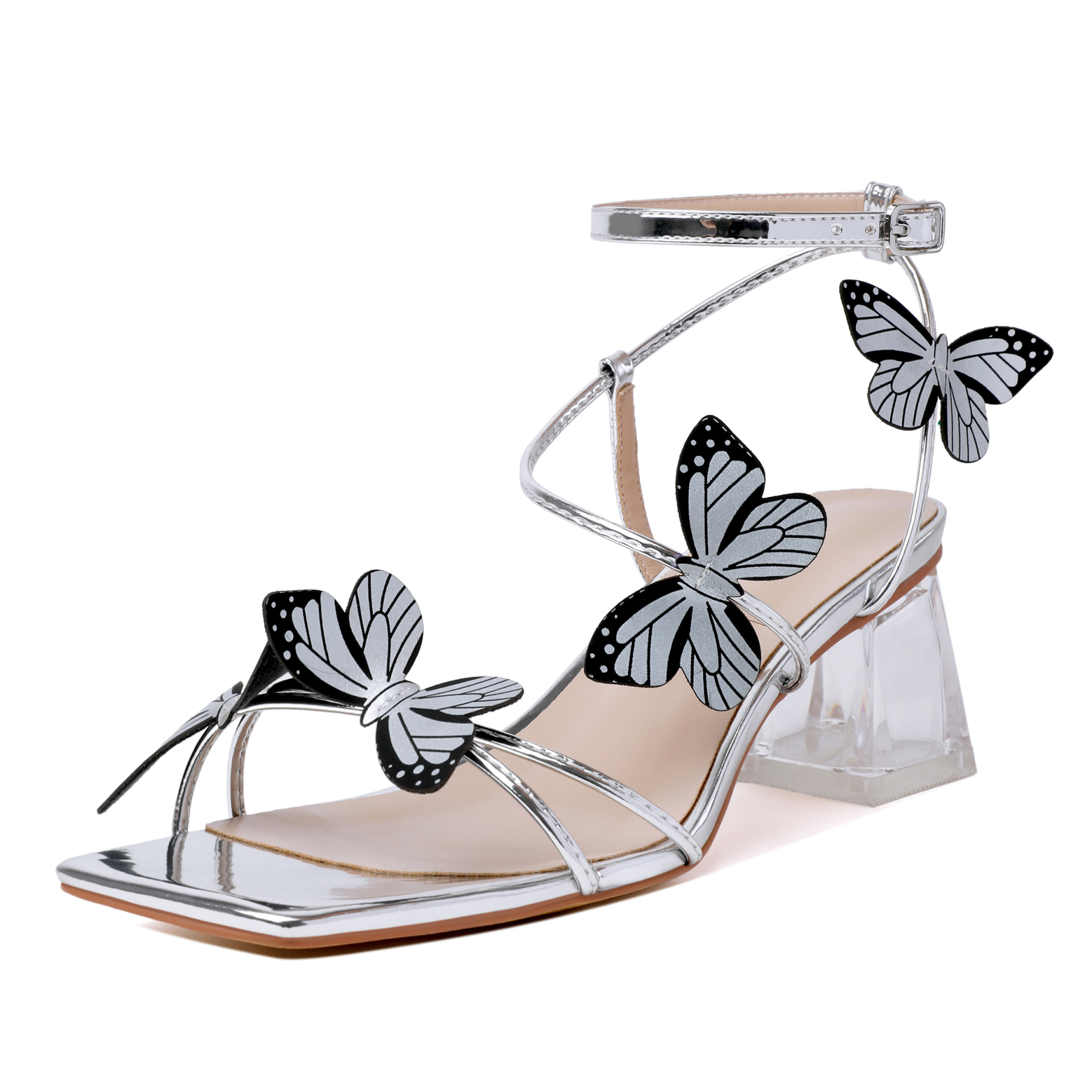Silver butterfly ankle straps with see-through heel detail